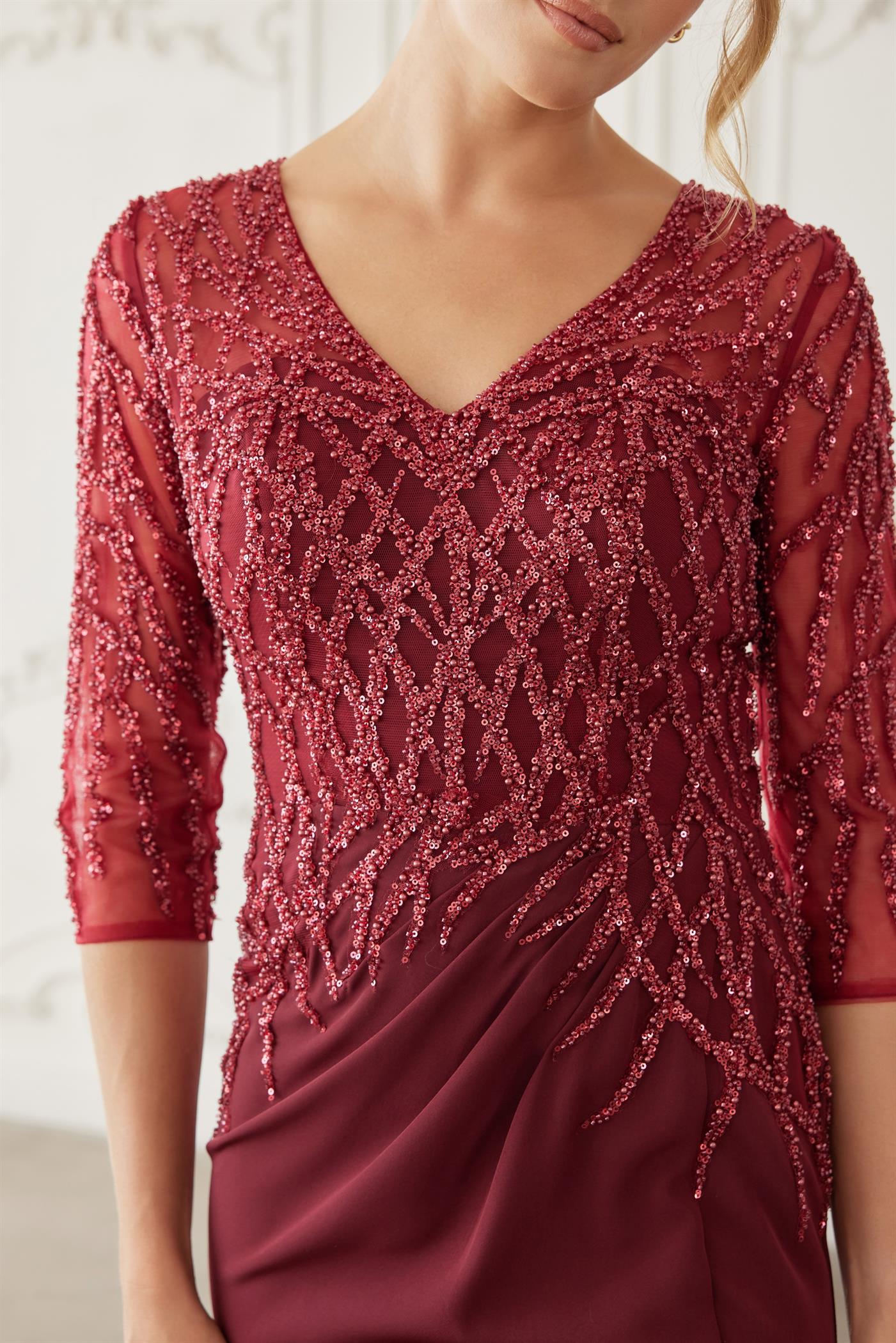 Floor Length Gown with Three Quarter Sleeves V Neckline — Nox Anabel MH161