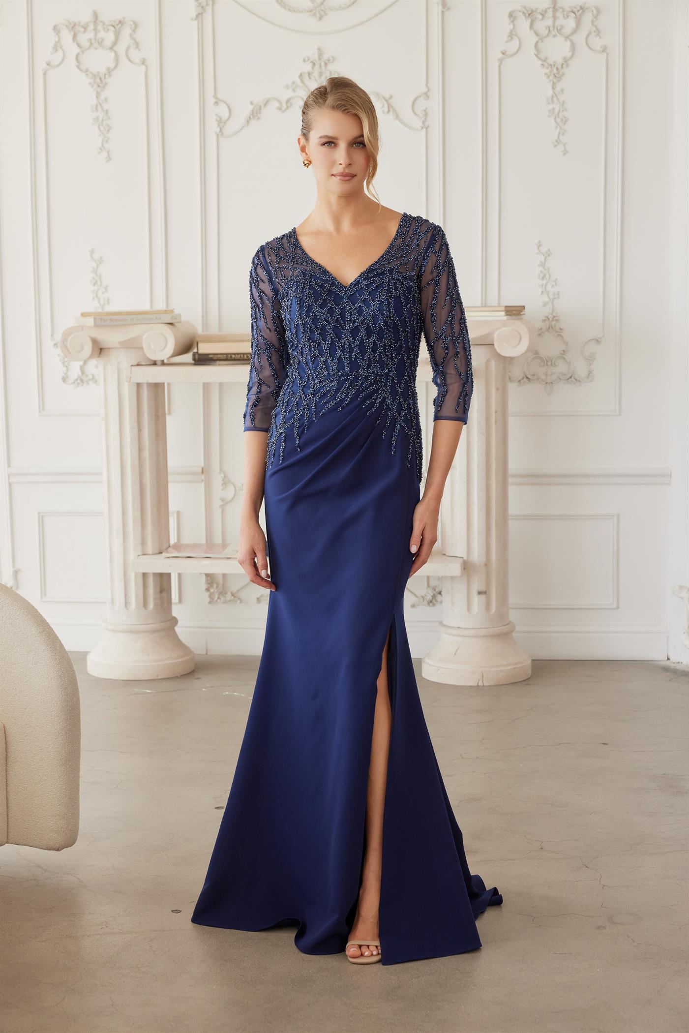 Floor Length Gown with Three Quarter Sleeves V Neckline — Nox Anabel MH161