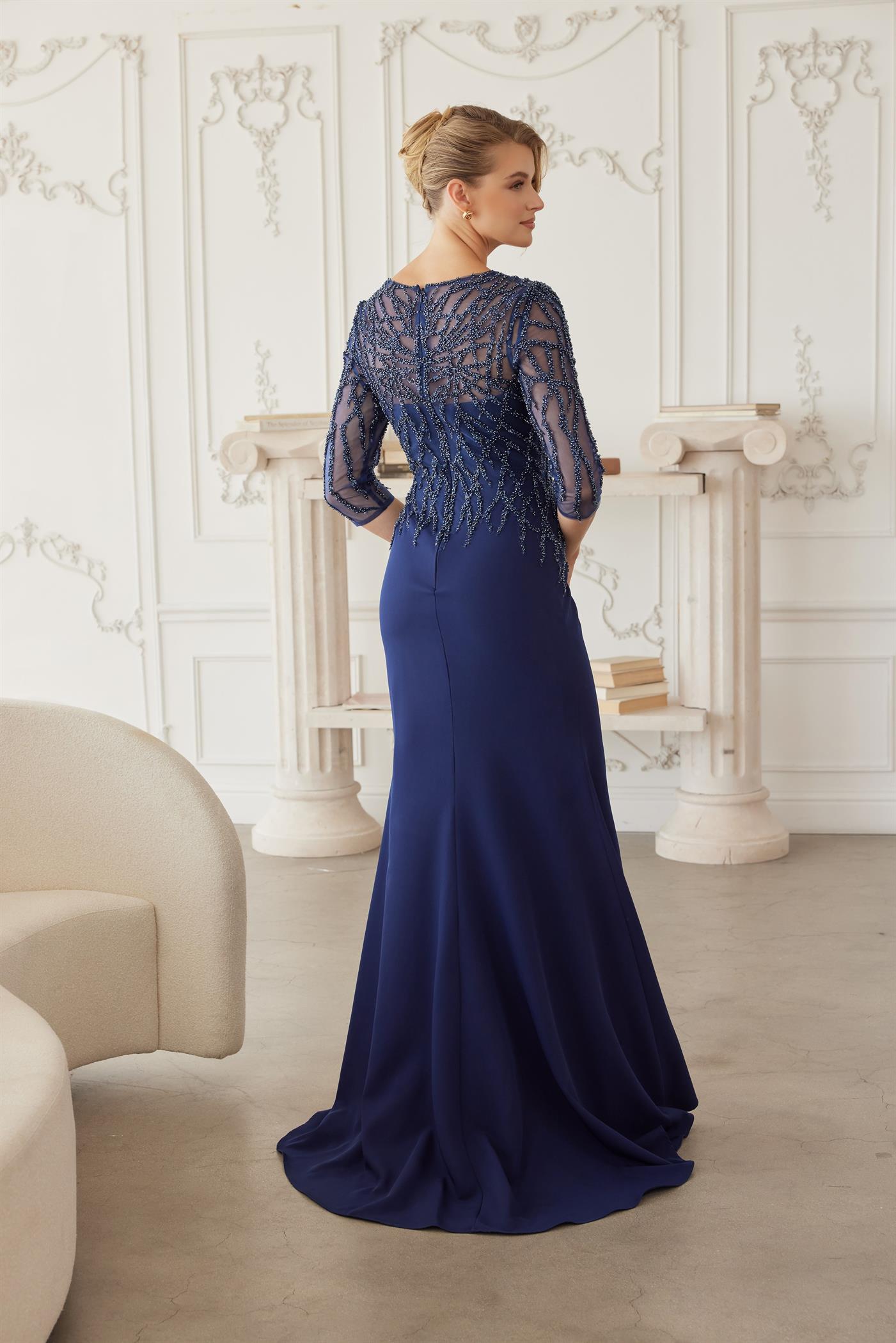 Floor Length Gown with Three Quarter Sleeves V Neckline — Nox Anabel MH161