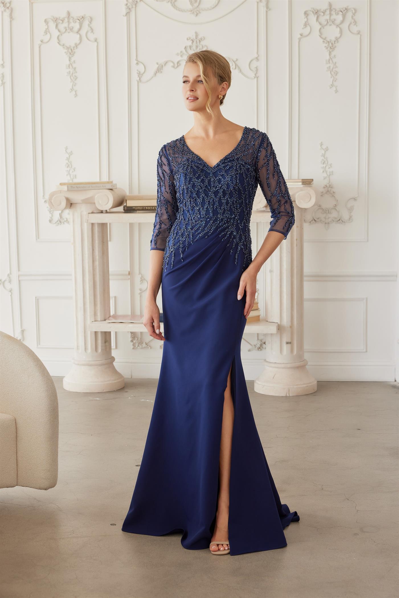 Floor Length Gown with Three Quarter Sleeves V Neckline — Nox Anabel MH161