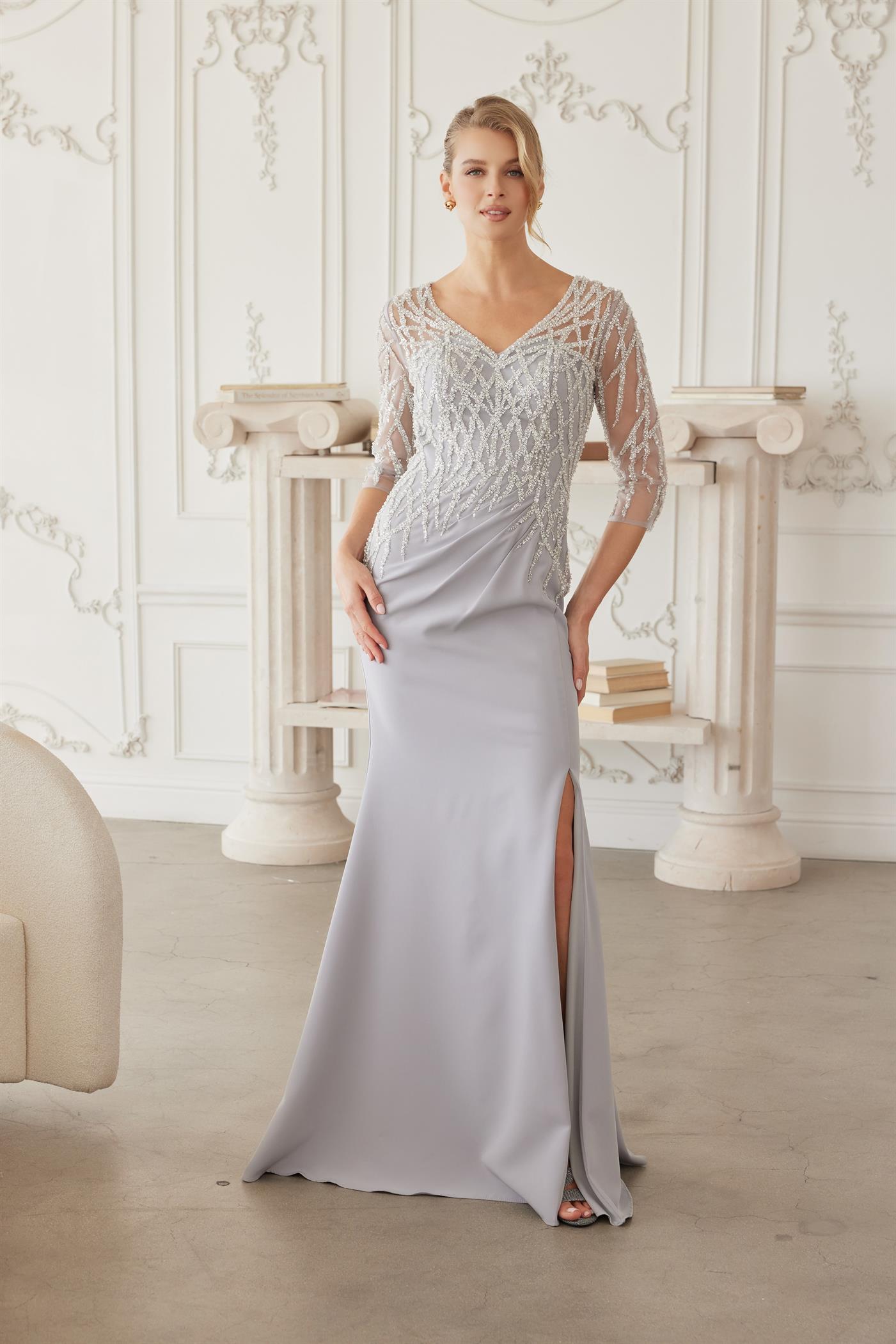 Floor Length Gown with Three Quarter Sleeves V Neckline — Nox Anabel MH161