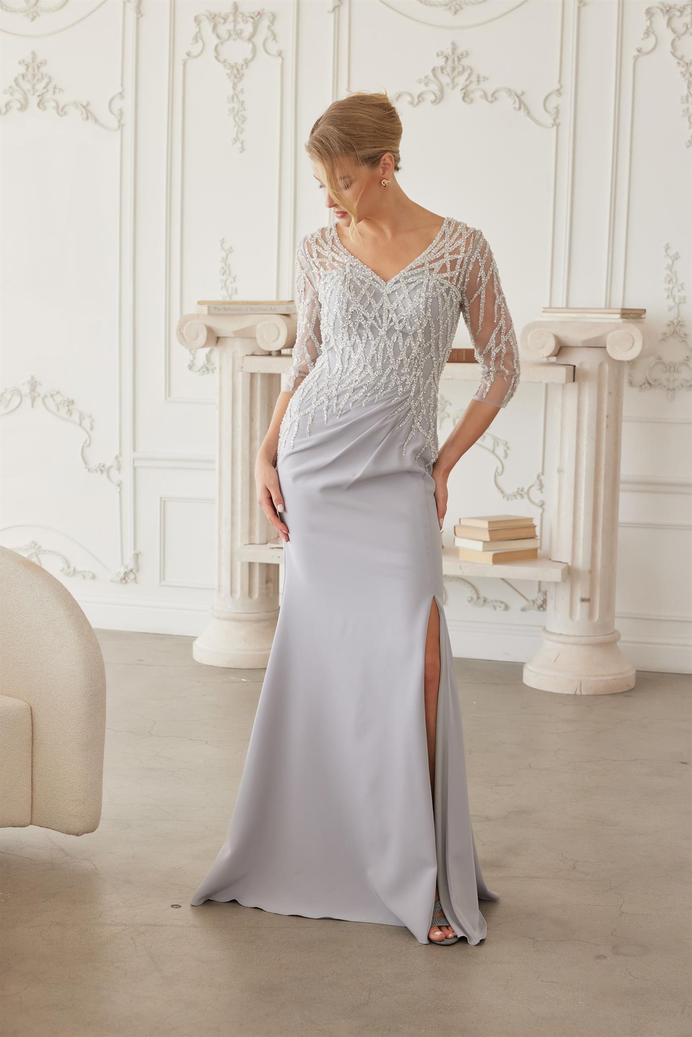 Floor Length Gown with Three Quarter Sleeves V Neckline — Nox Anabel MH161