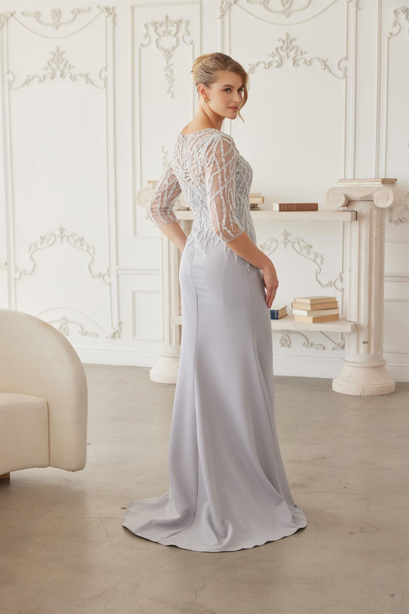Floor Length Gown with Three Quarter Sleeves V Neckline — Nox Anabel MH161