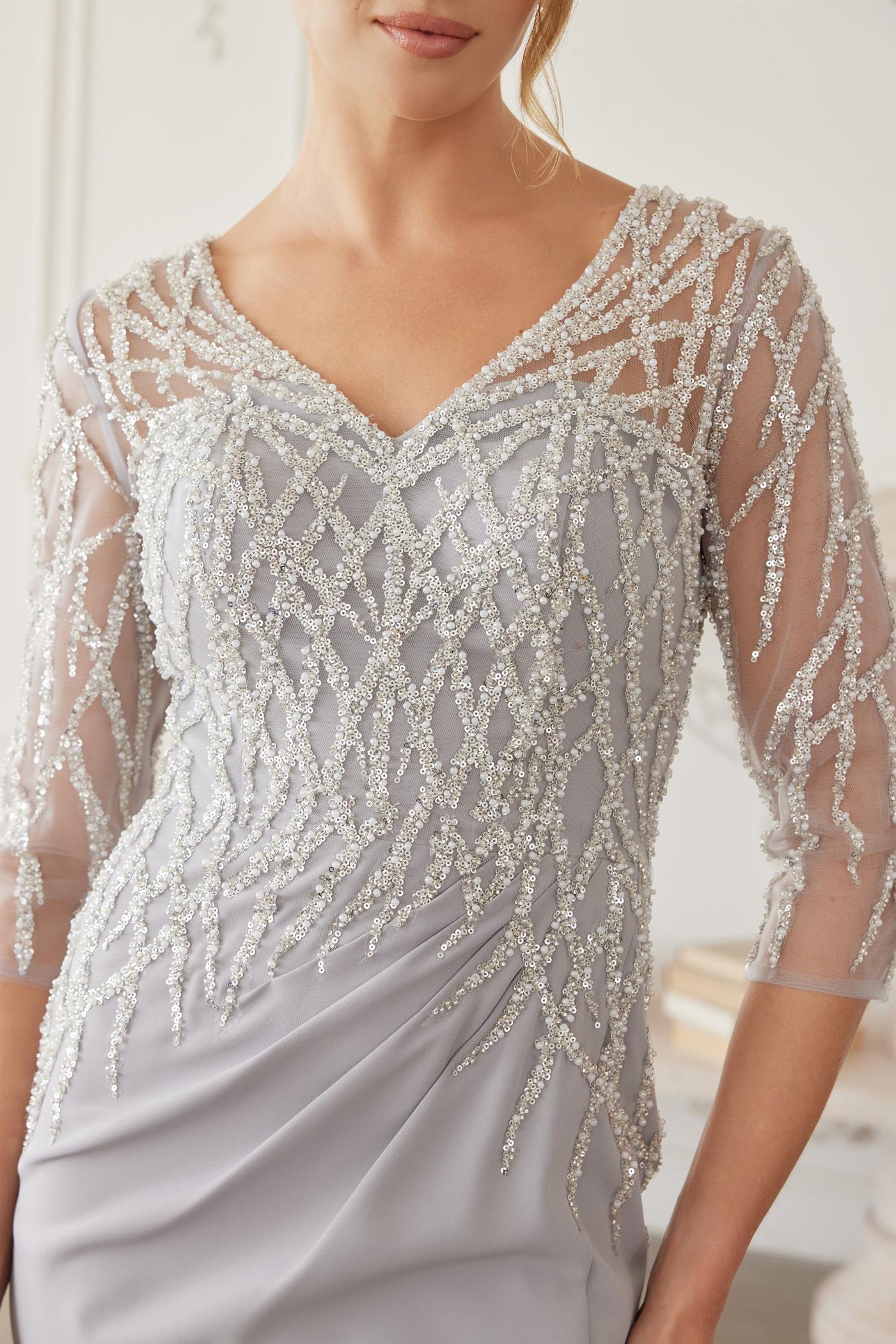 Floor Length Gown with Three Quarter Sleeves V Neckline — Nox Anabel MH161