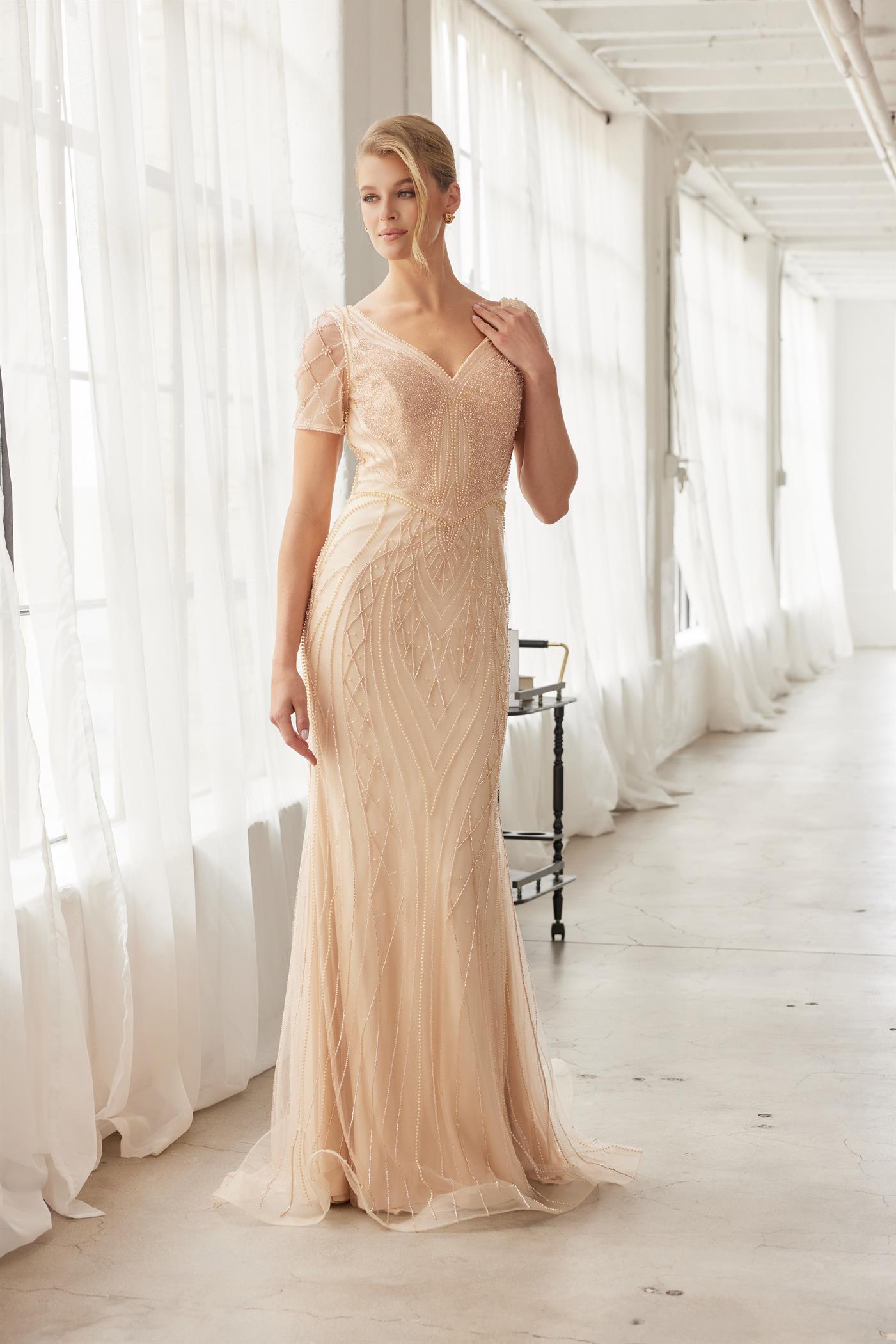Heavy Beading V Neckline Front and Back Short Sleeves Train