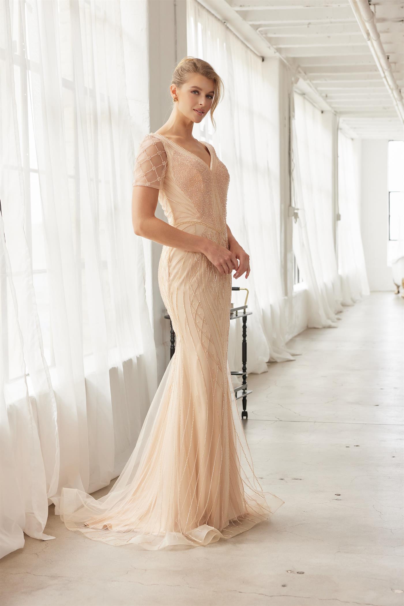 Heavy Beading V Neckline Front and Back Short Sleeves Train — Nox Anabel MH162