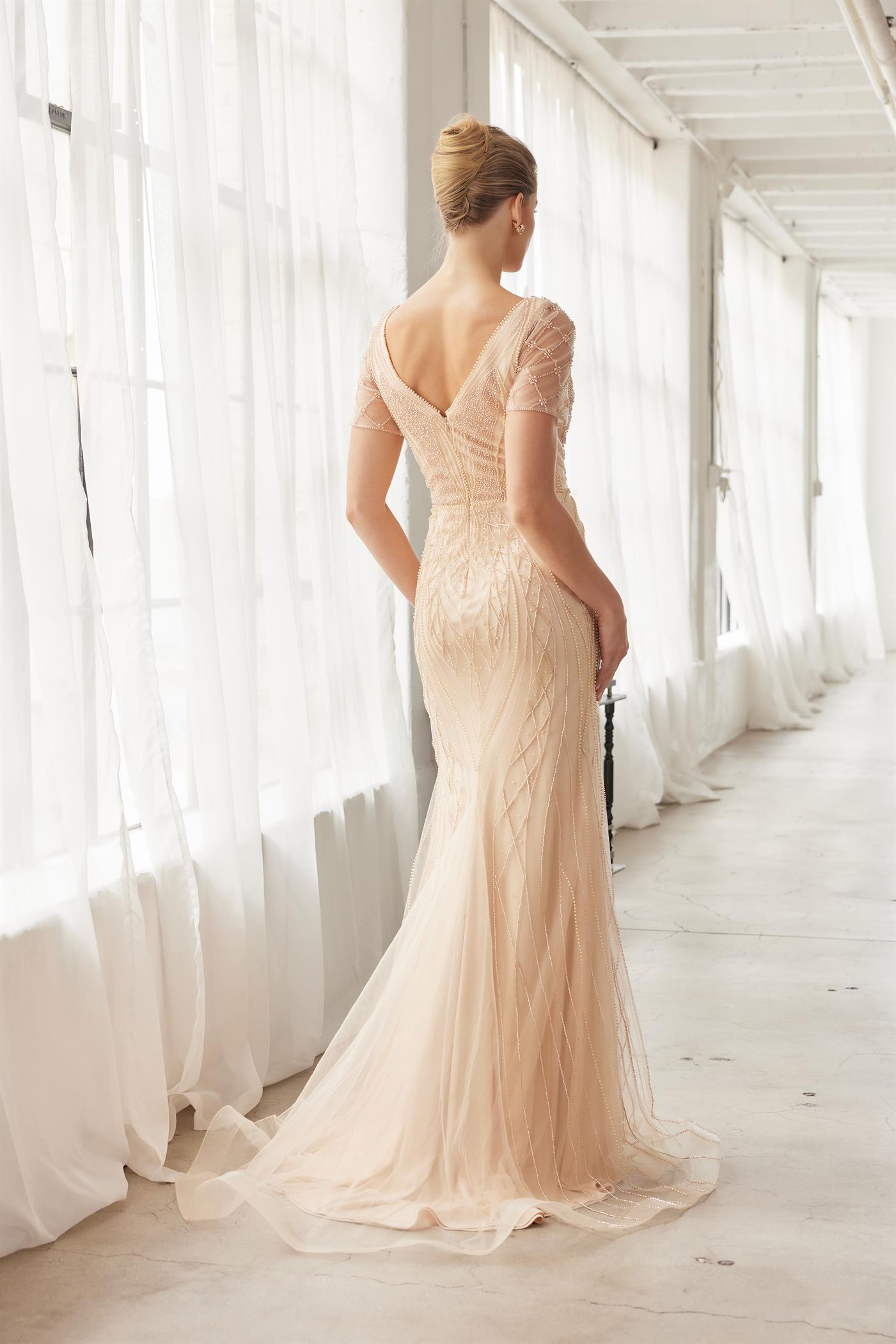 Heavy Beading V Neckline Front and Back Short Sleeves Train — Nox Anabel MH162