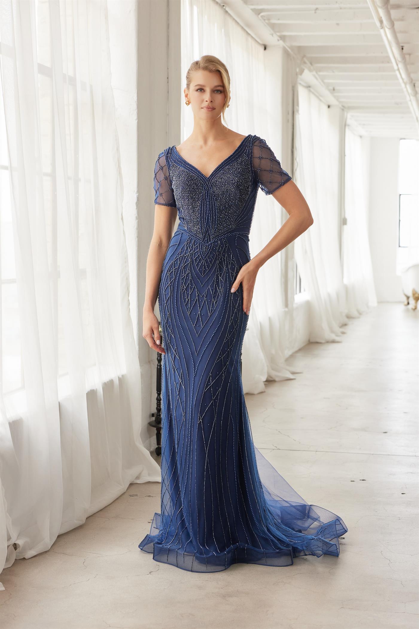 Heavy Beading V Neckline Front and Back Short Sleeves Train — Nox Anabel MH162