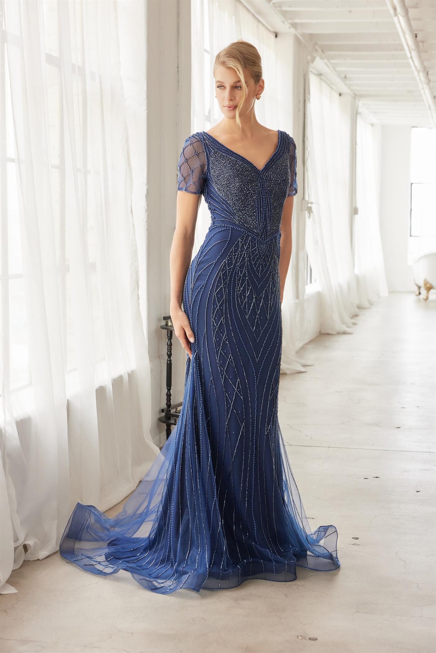 Heavy Beading V Neckline Front and Back Short Sleeves Train — Nox Anabel MH162