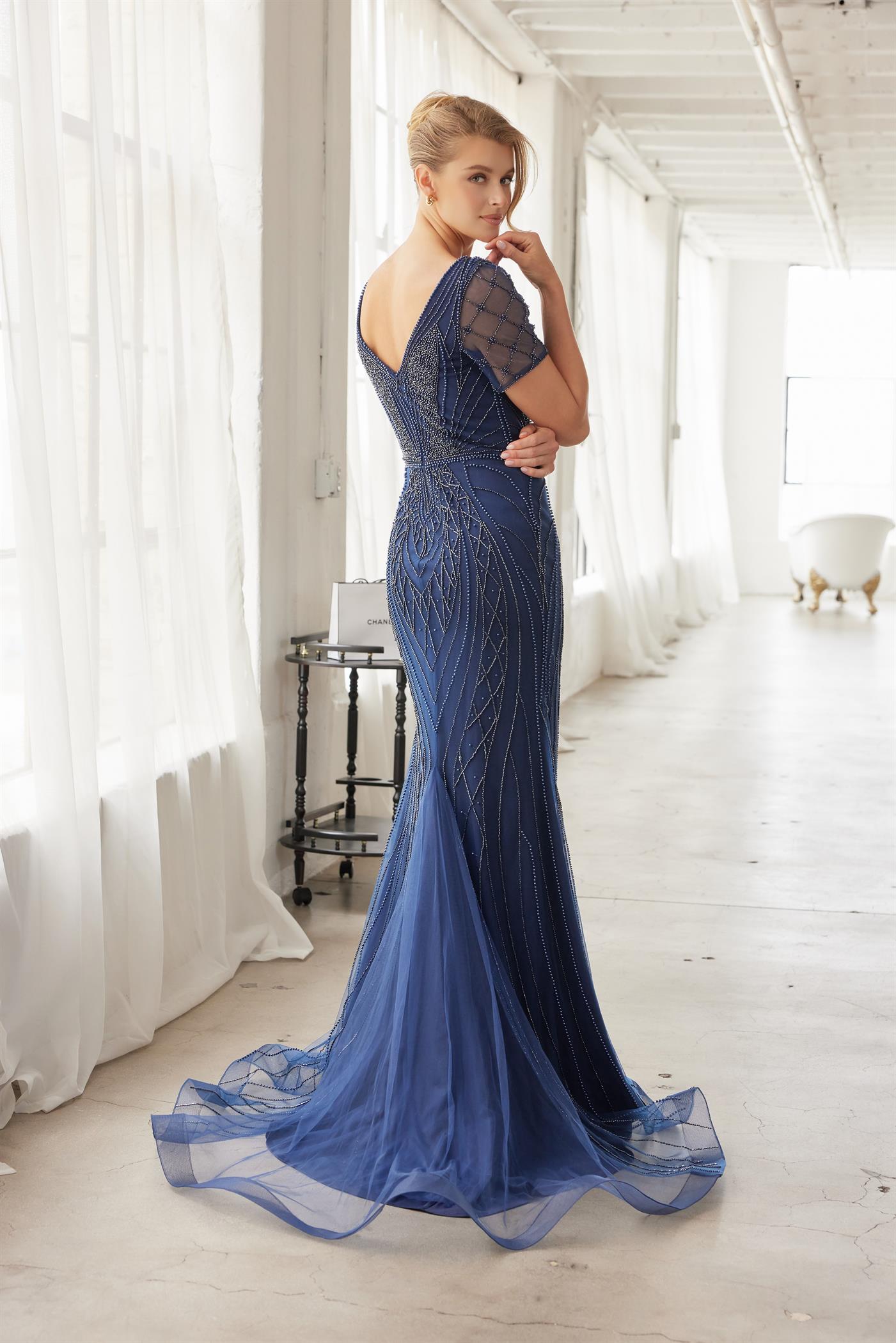 Heavy Beading V Neckline Front and Back Short Sleeves Train — Nox Anabel MH162
