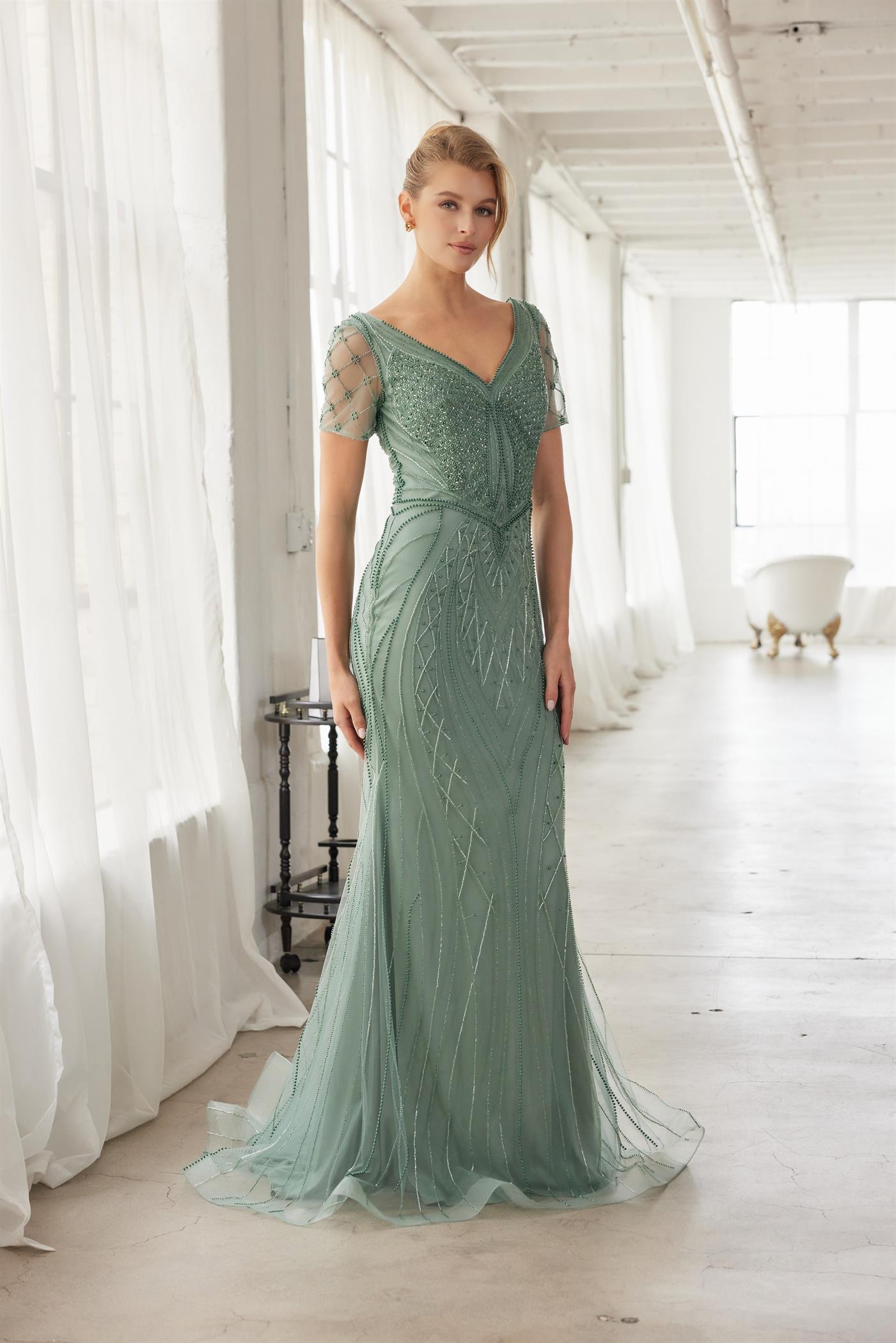 Heavy Beading V Neckline Front and Back Short Sleeves Train — Nox Anabel MH162
