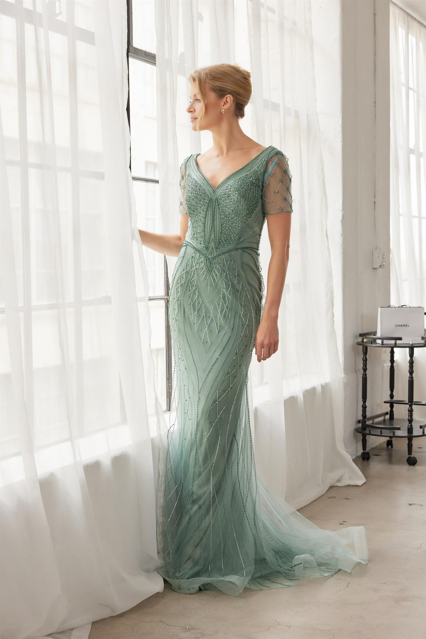 Heavy Beading V Neckline Front and Back Short Sleeves Train — Nox Anabel MH162