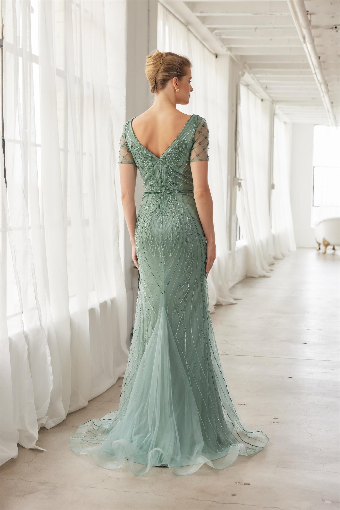 Heavy Beading V Neckline Front and Back Short Sleeves Train — Nox Anabel MH162