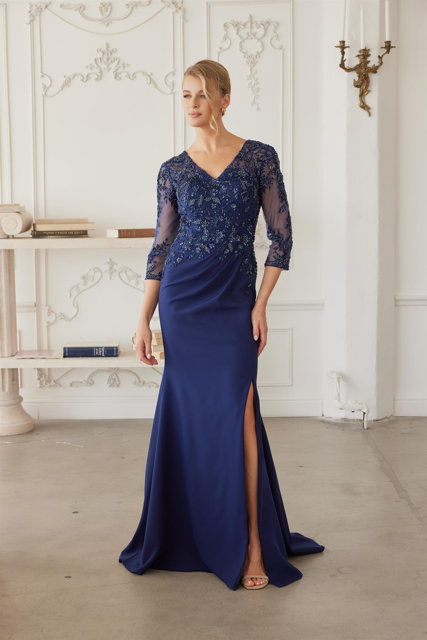 Full Sequined Embroidered Bodice Sheer Threequarter Sleeves