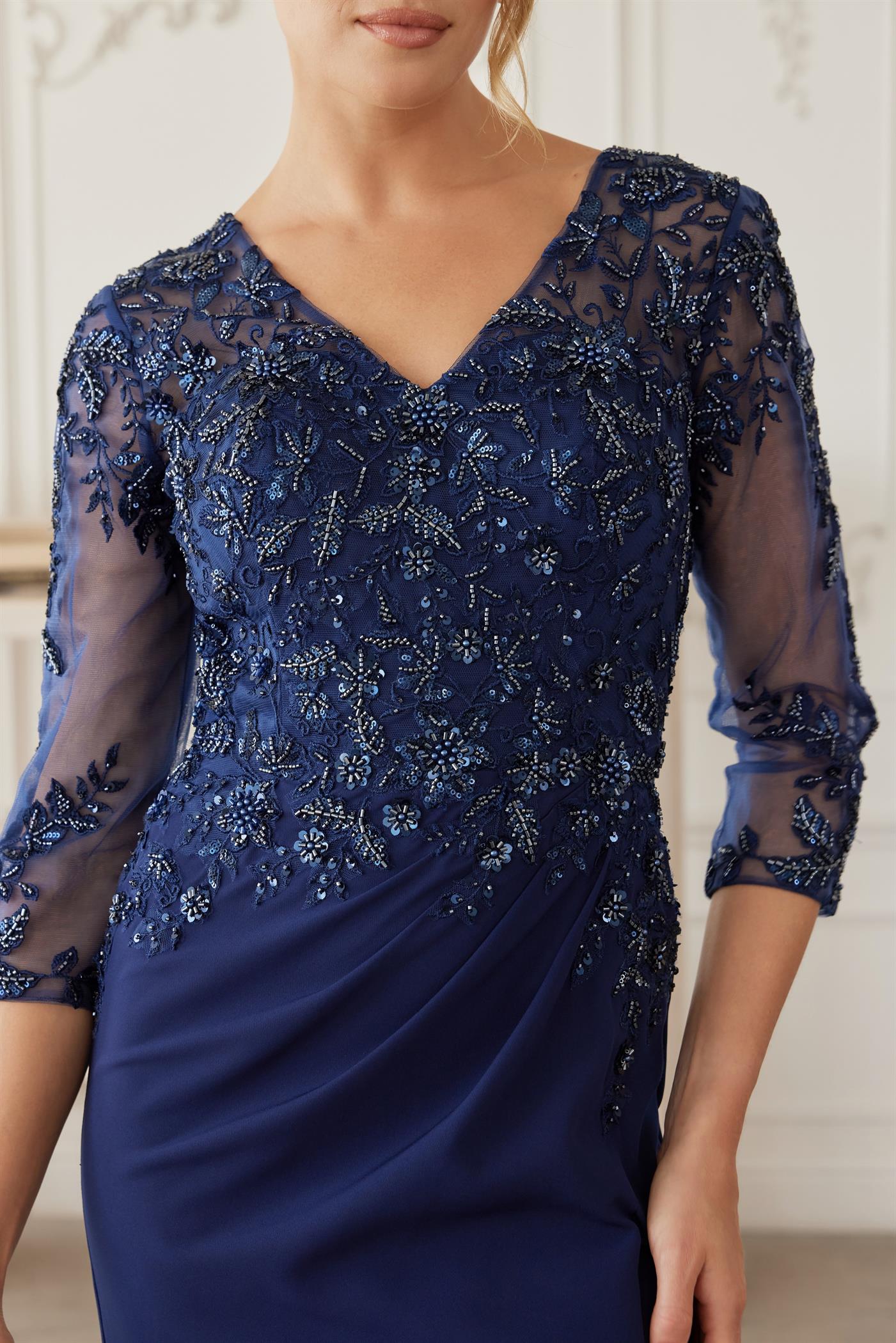 Full Sequined Embroidered Bodice Sheer Threequarter Sleeves — Nox Anabel MH163