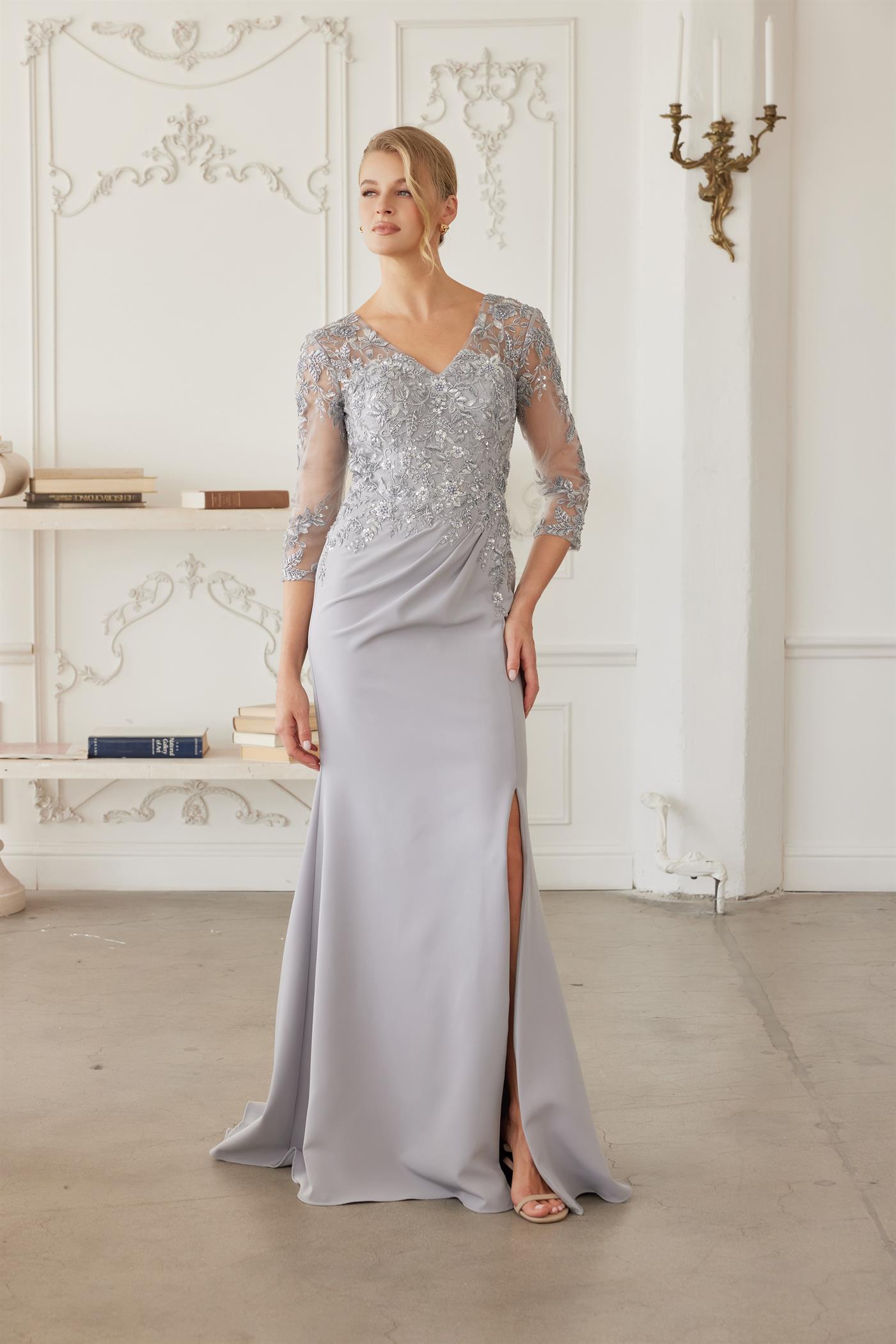 Full Sequined Embroidered Bodice Sheer Threequarter Sleeves — Nox Anabel MH163