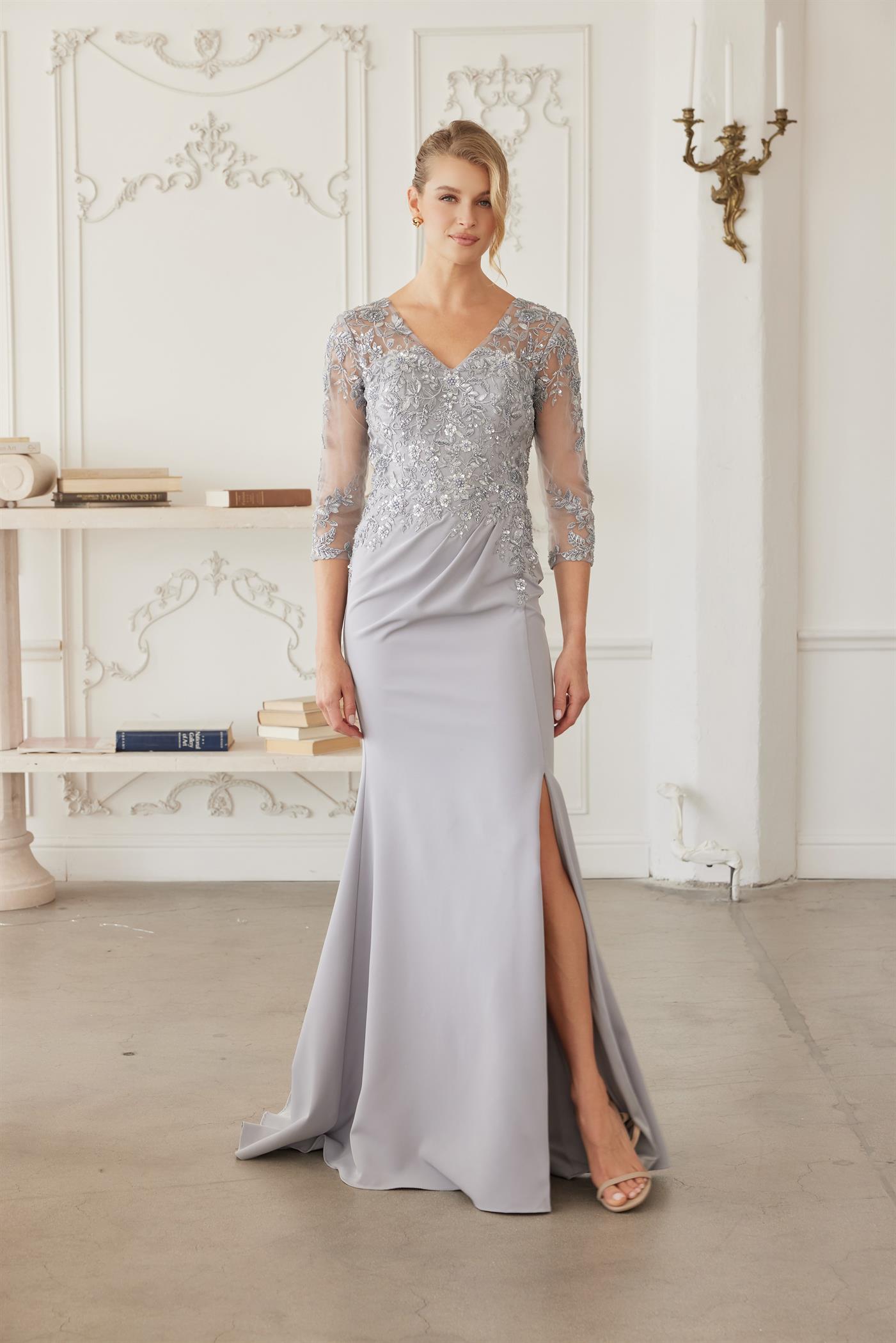 Full Sequined Embroidered Bodice Sheer Threequarter Sleeves — Nox Anabel MH163