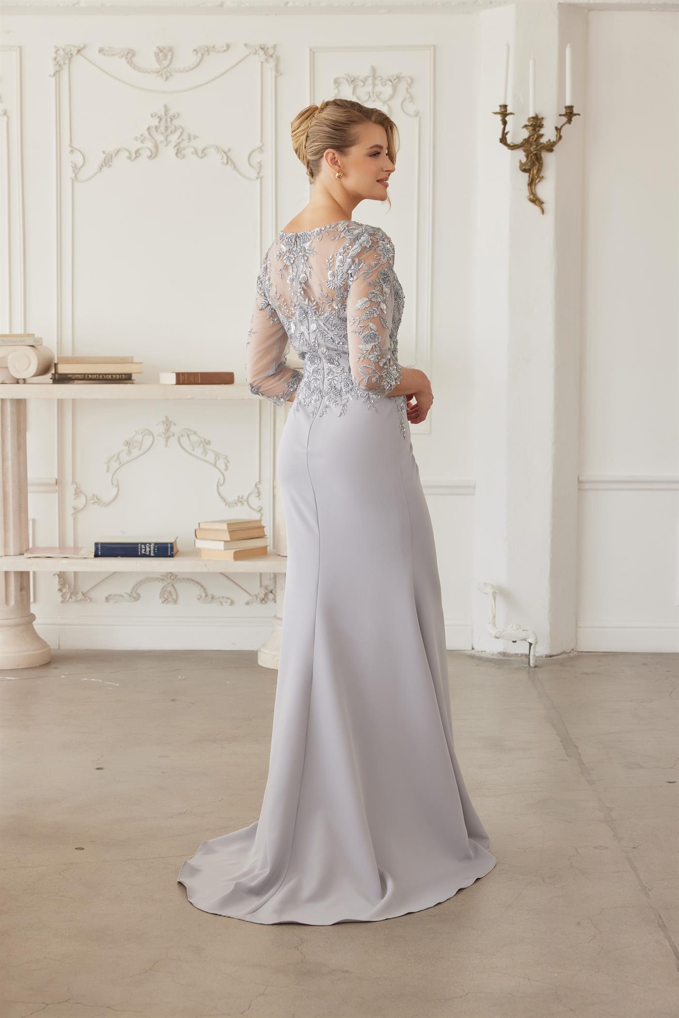 Full Sequined Embroidered Bodice Sheer Threequarter Sleeves — Nox Anabel MH163