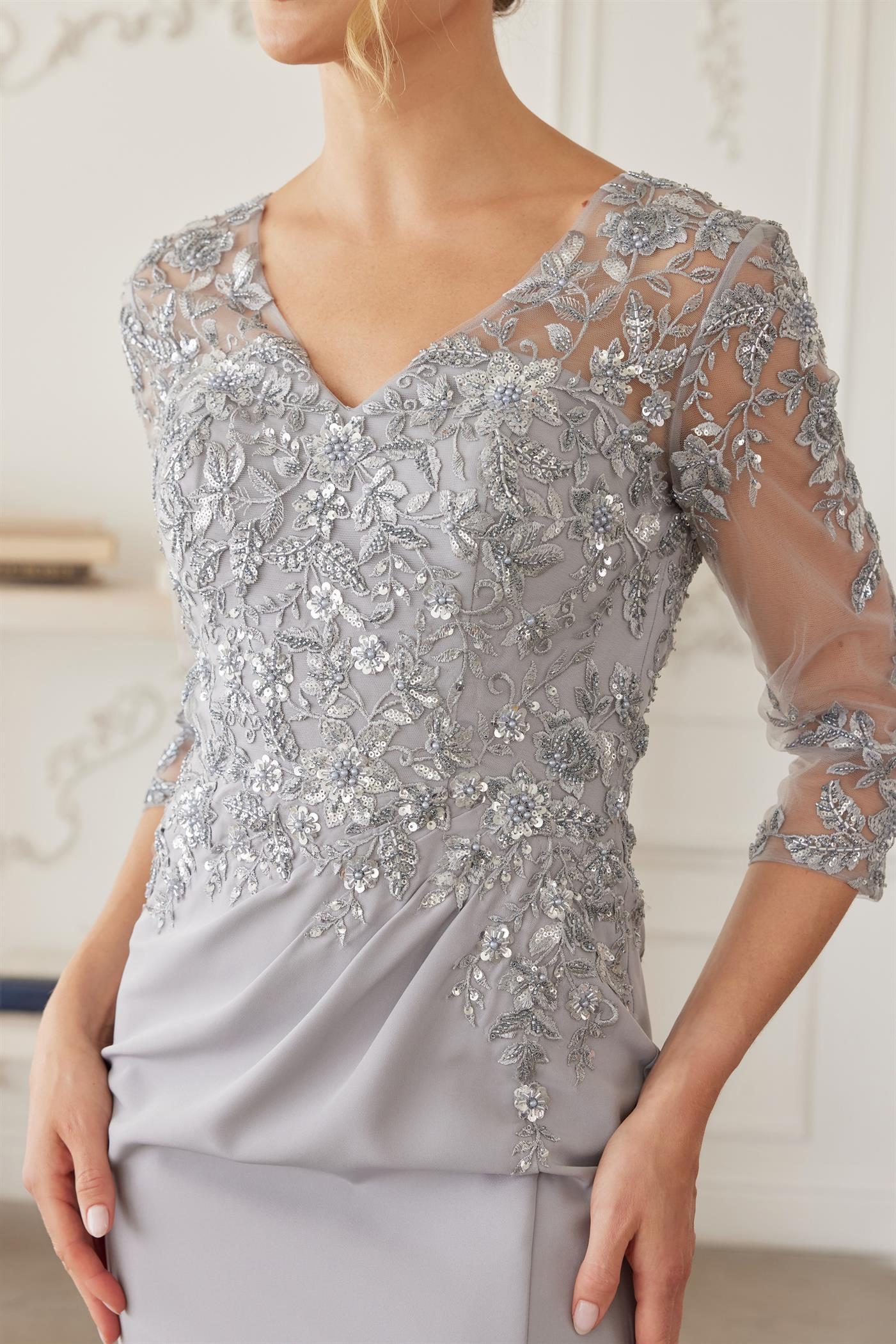 Full Sequined Embroidered Bodice Sheer Threequarter Sleeves — Nox Anabel MH163