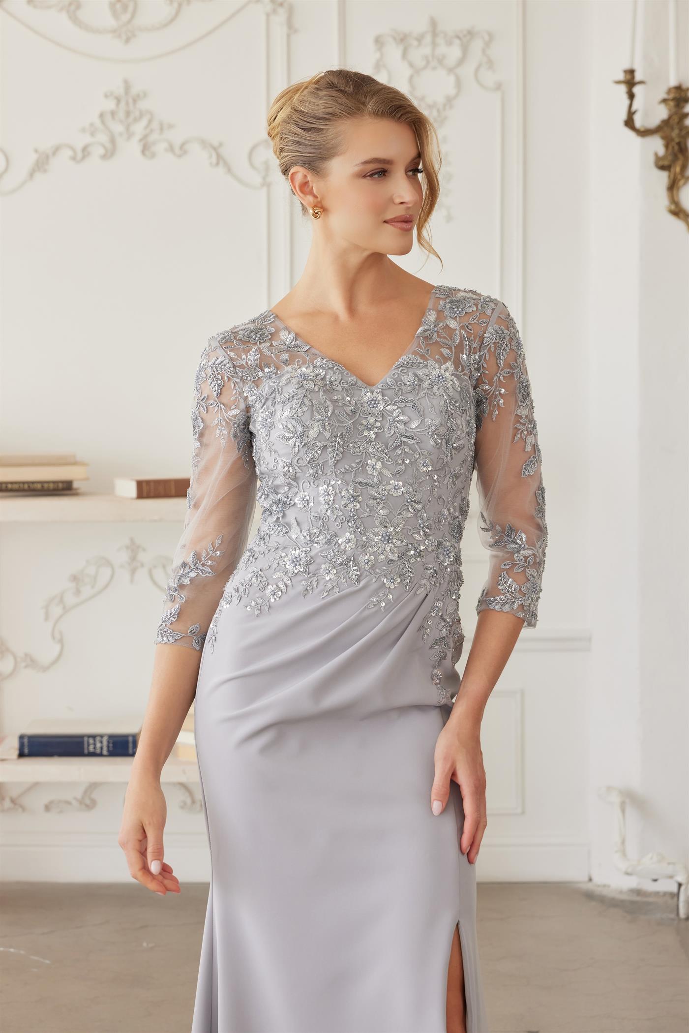 Full Sequined Embroidered Bodice Sheer Threequarter Sleeves — Nox Anabel MH163