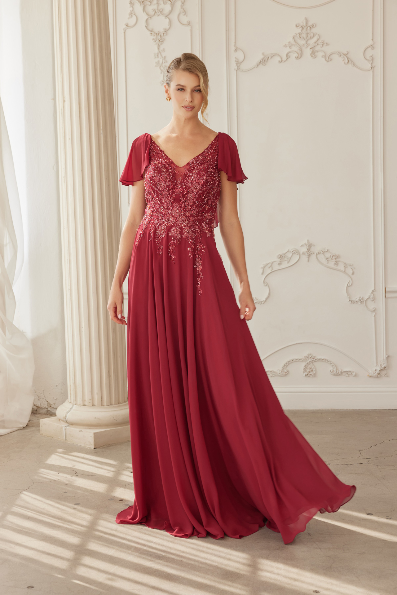 Draped Sleeves Chiffon Mother Of The Bride Dress