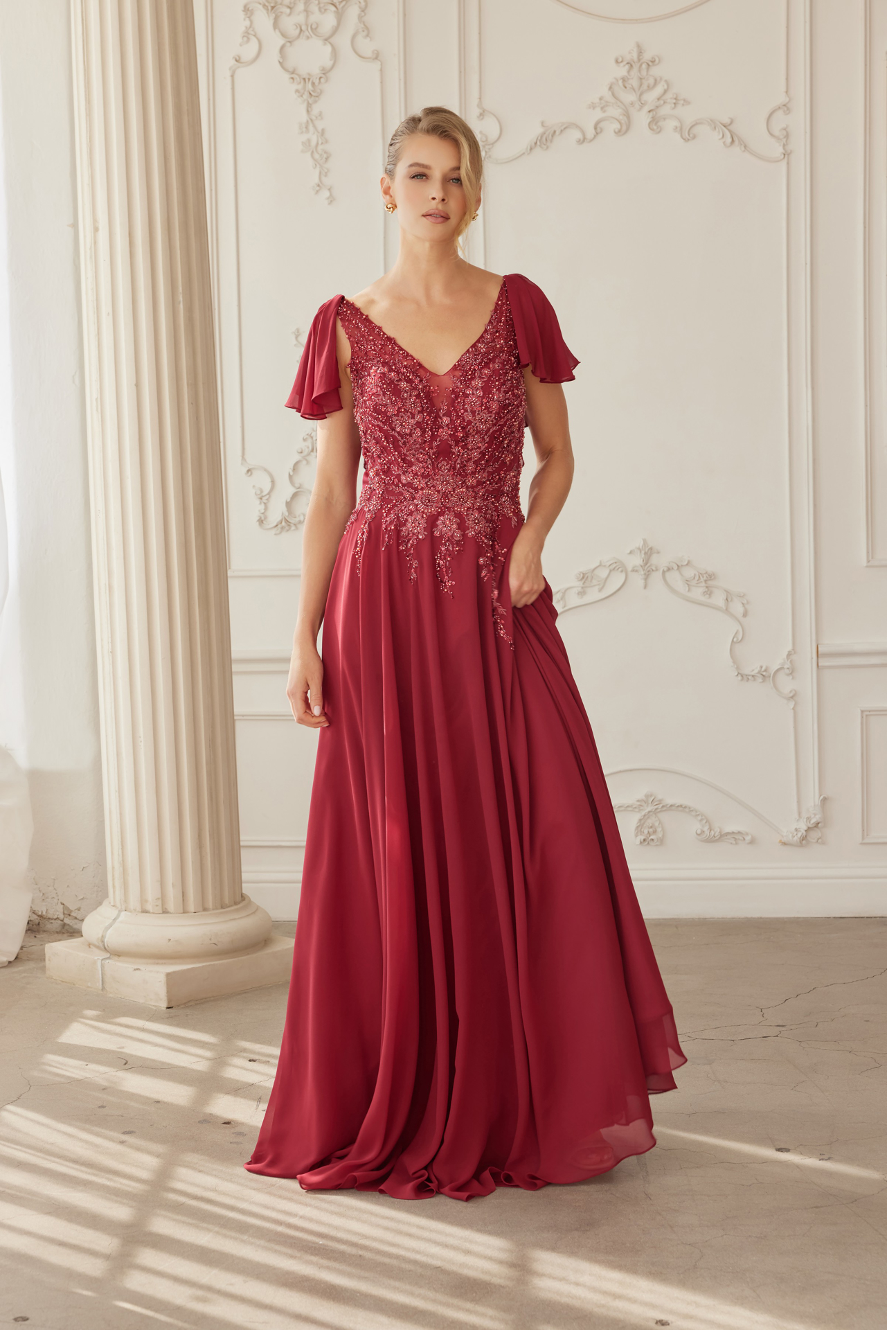 Draped Sleeves Chiffon Mother Of The Bride Dress — Nox Anabel MJ132