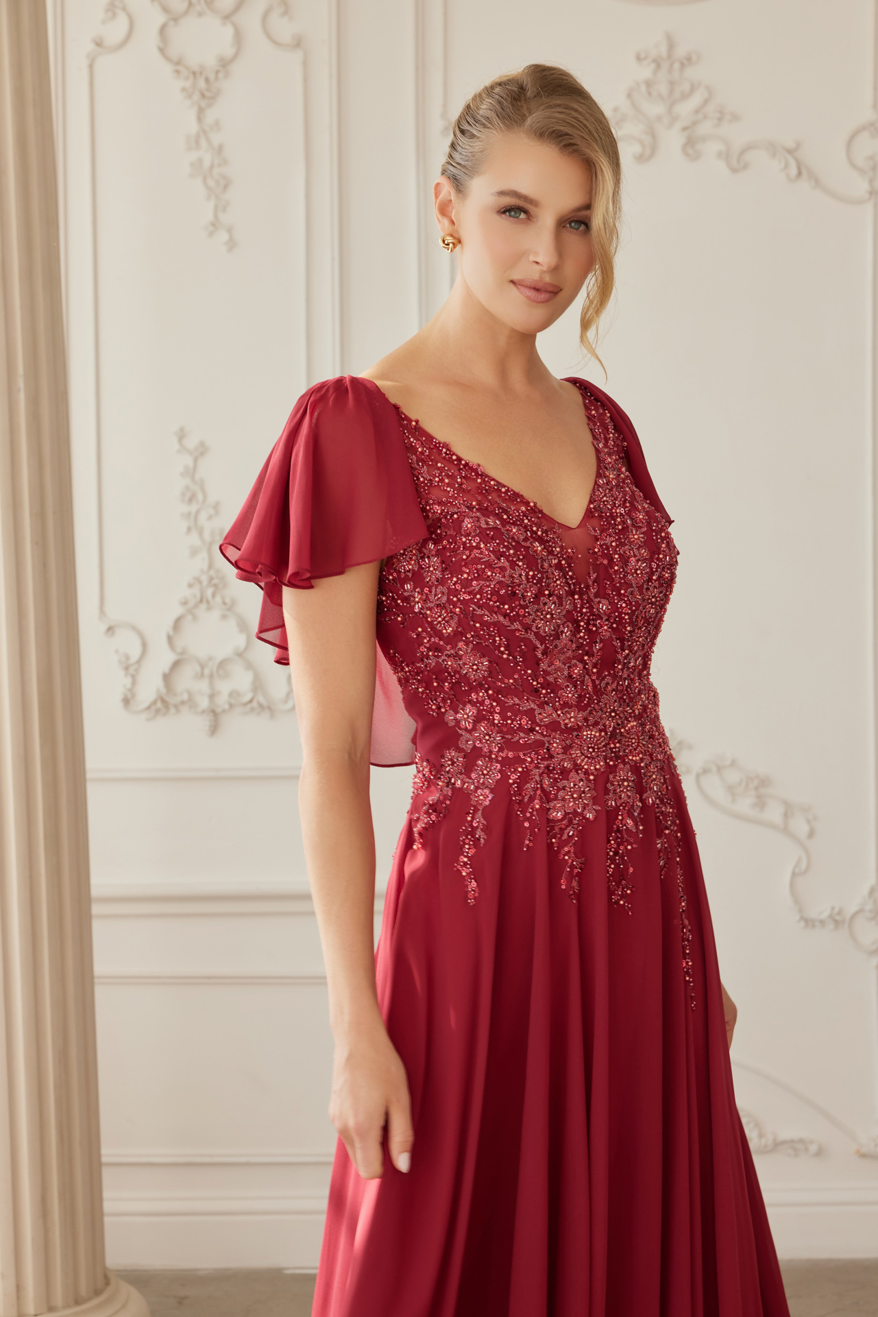 Draped Sleeves Chiffon Mother Of The Bride Dress — Nox Anabel MJ132
