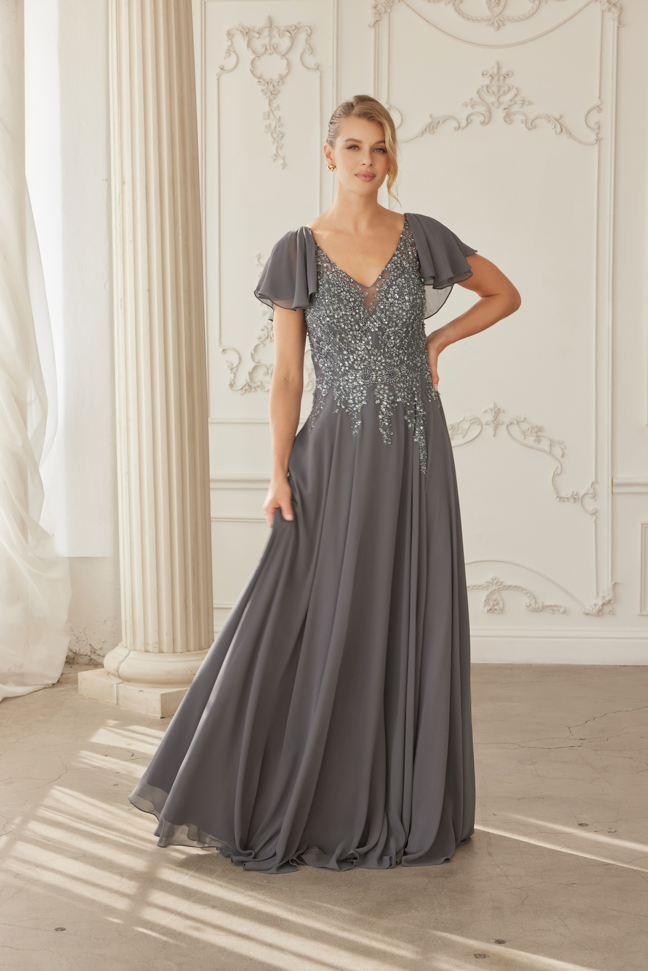 Draped Sleeves Chiffon Mother Of The Bride Dress — Nox Anabel MJ132