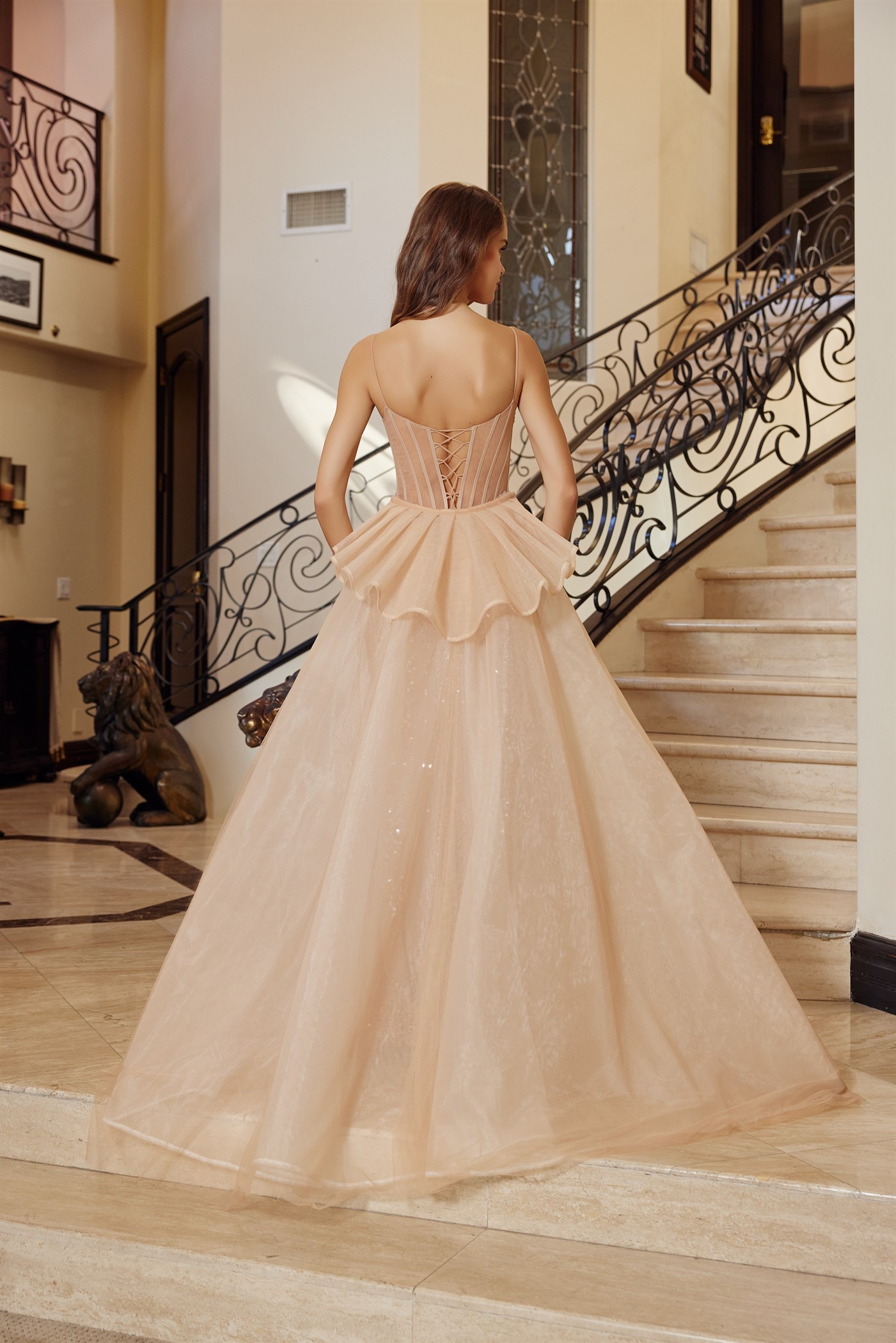 Long Fitted Fully Beaded Tulle Gown Detachable Tail Skirt — Nox Anabel N1763