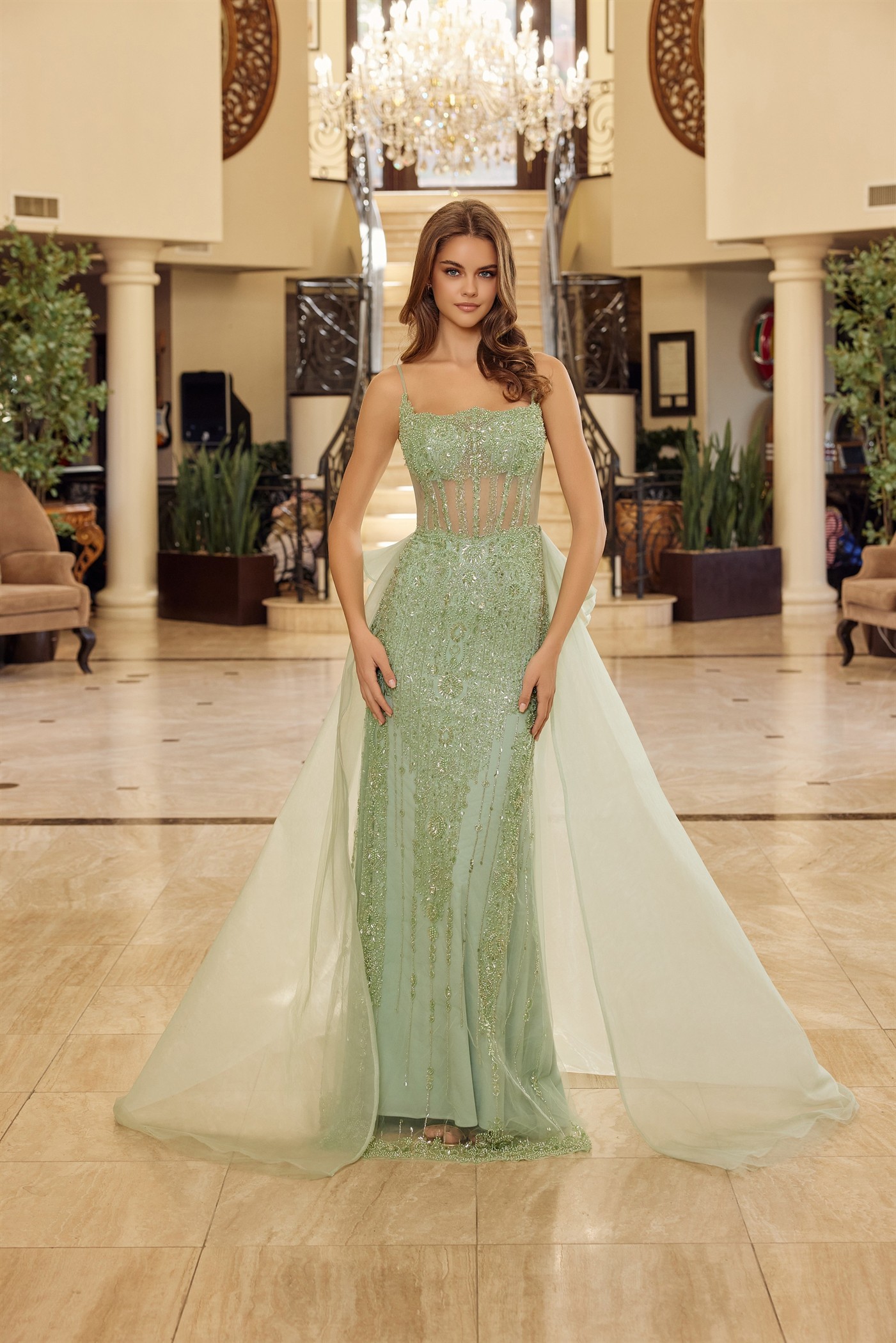 Long Fitted Fully Beaded Tulle Gown Detachable Tail Skirt — Nox Anabel N1763