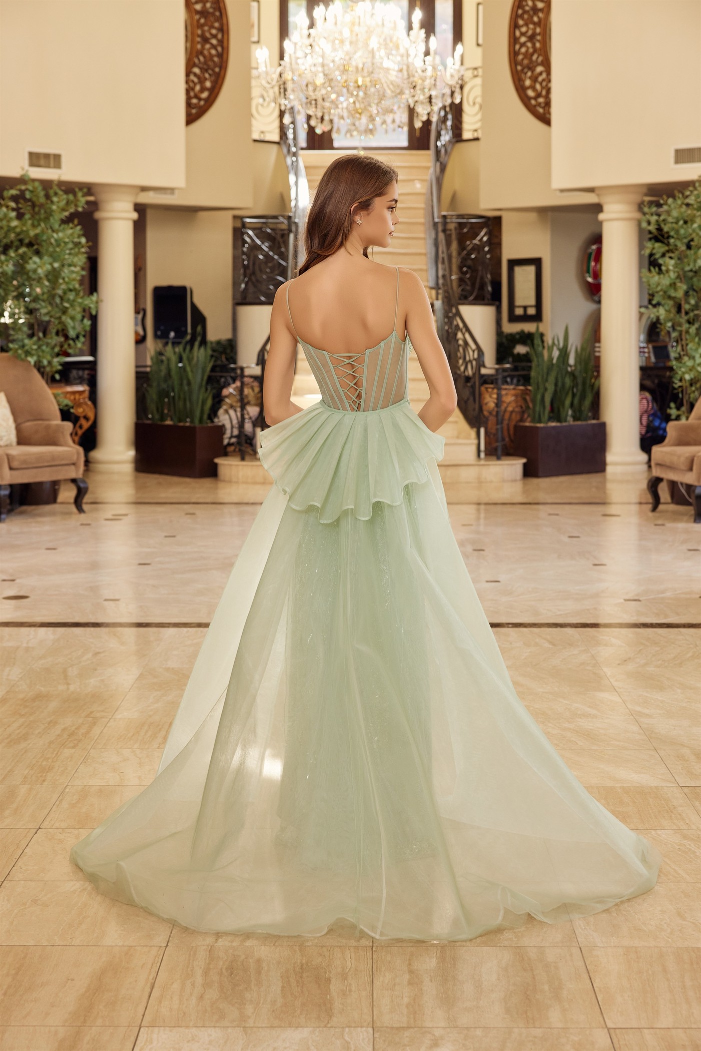 Long Fitted Fully Beaded Tulle Gown Detachable Tail Skirt — Nox Anabel N1763