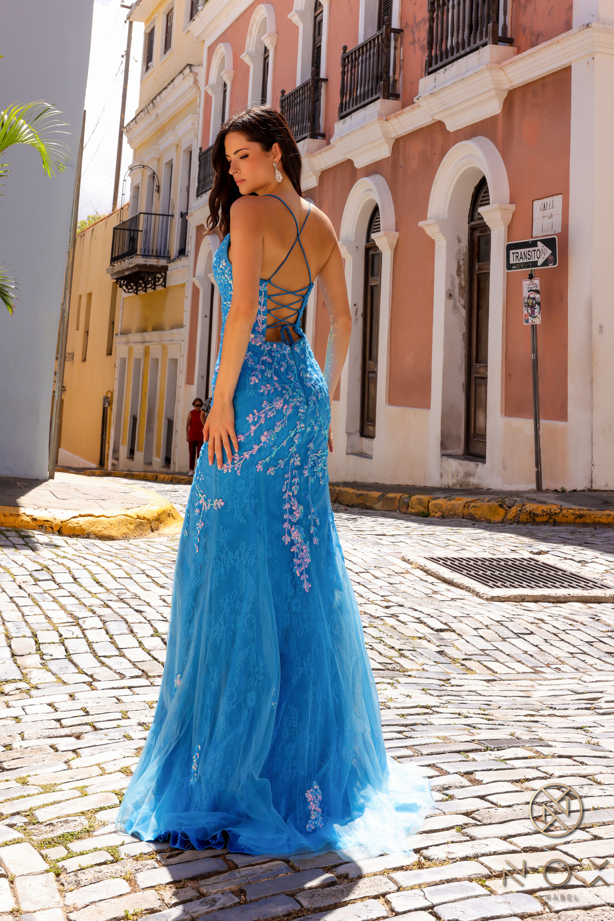 Straight across neckline trumpet silhouette tulle and adorned with shimmering sequined embroidery — Nox Anabel P1401