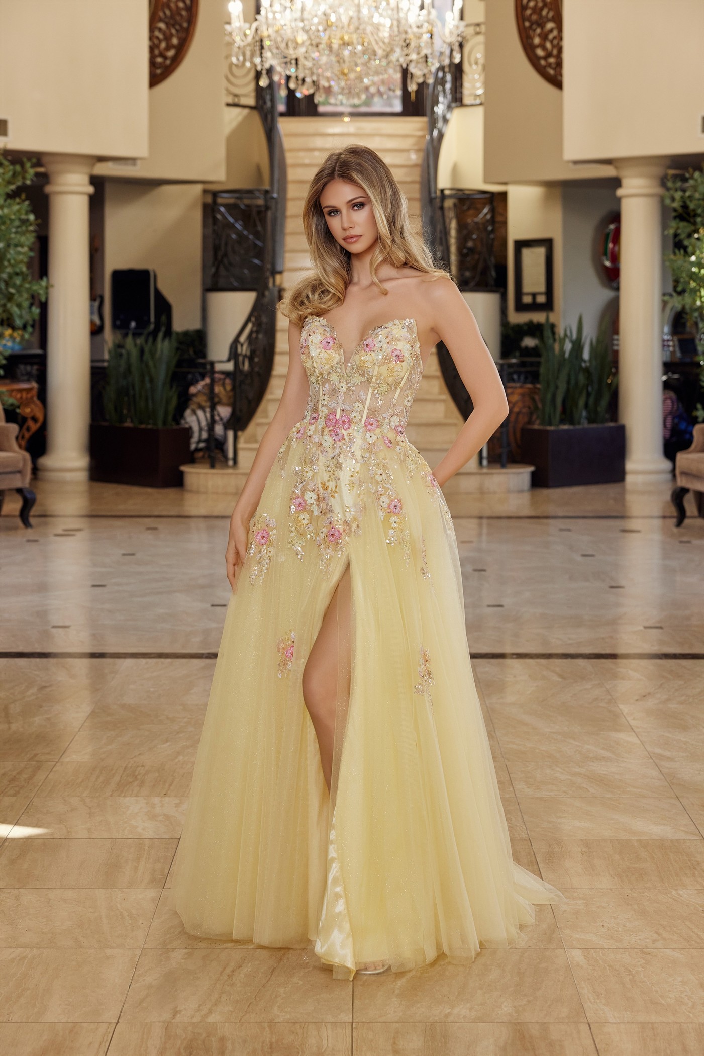Fit and Flare Long Tulle Gown Plunging V Neckline — Nox Anabel Q1773