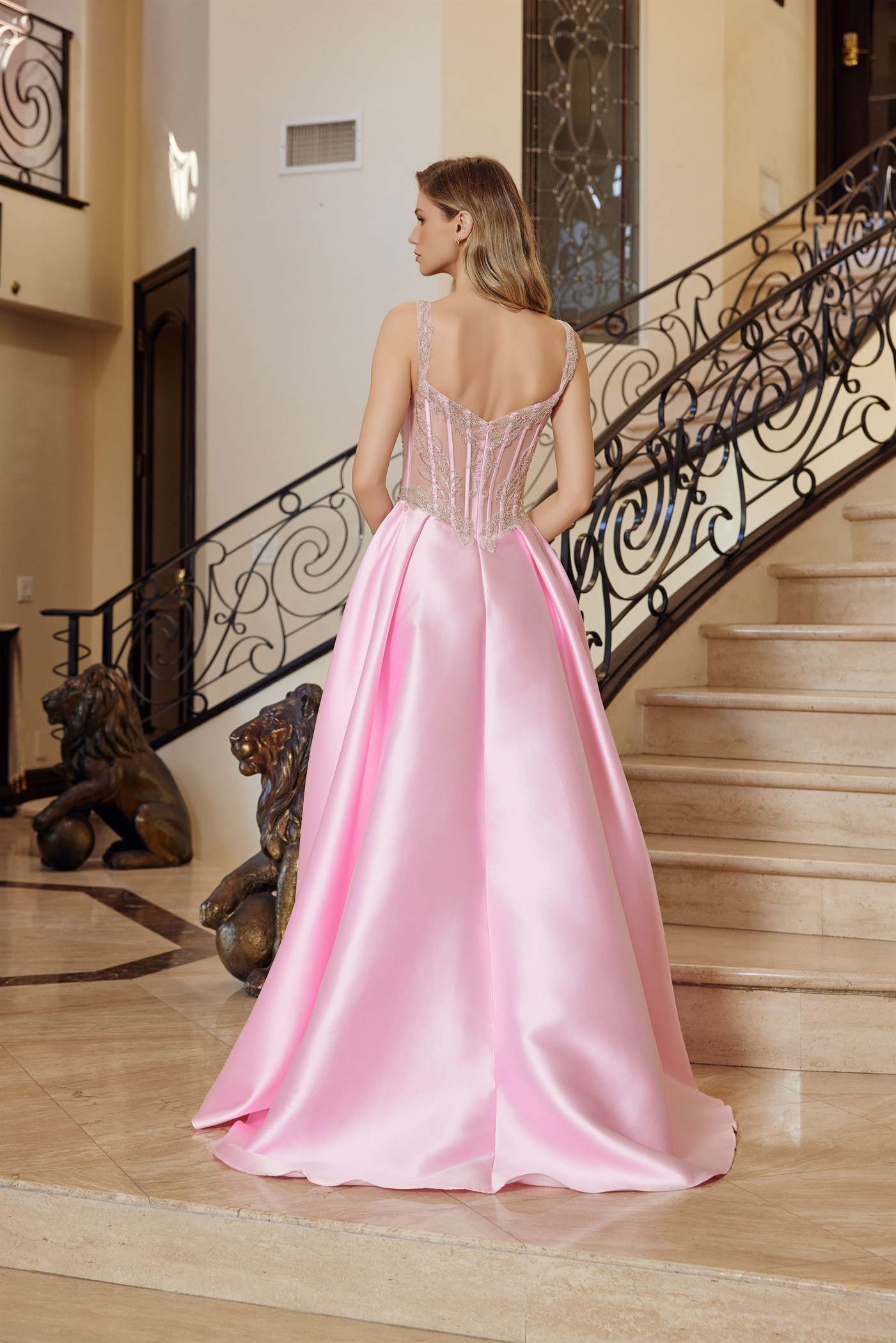 Fit and Flare Long Satin Gown Adorned with Silver Stones — Nox Anabel Q1775