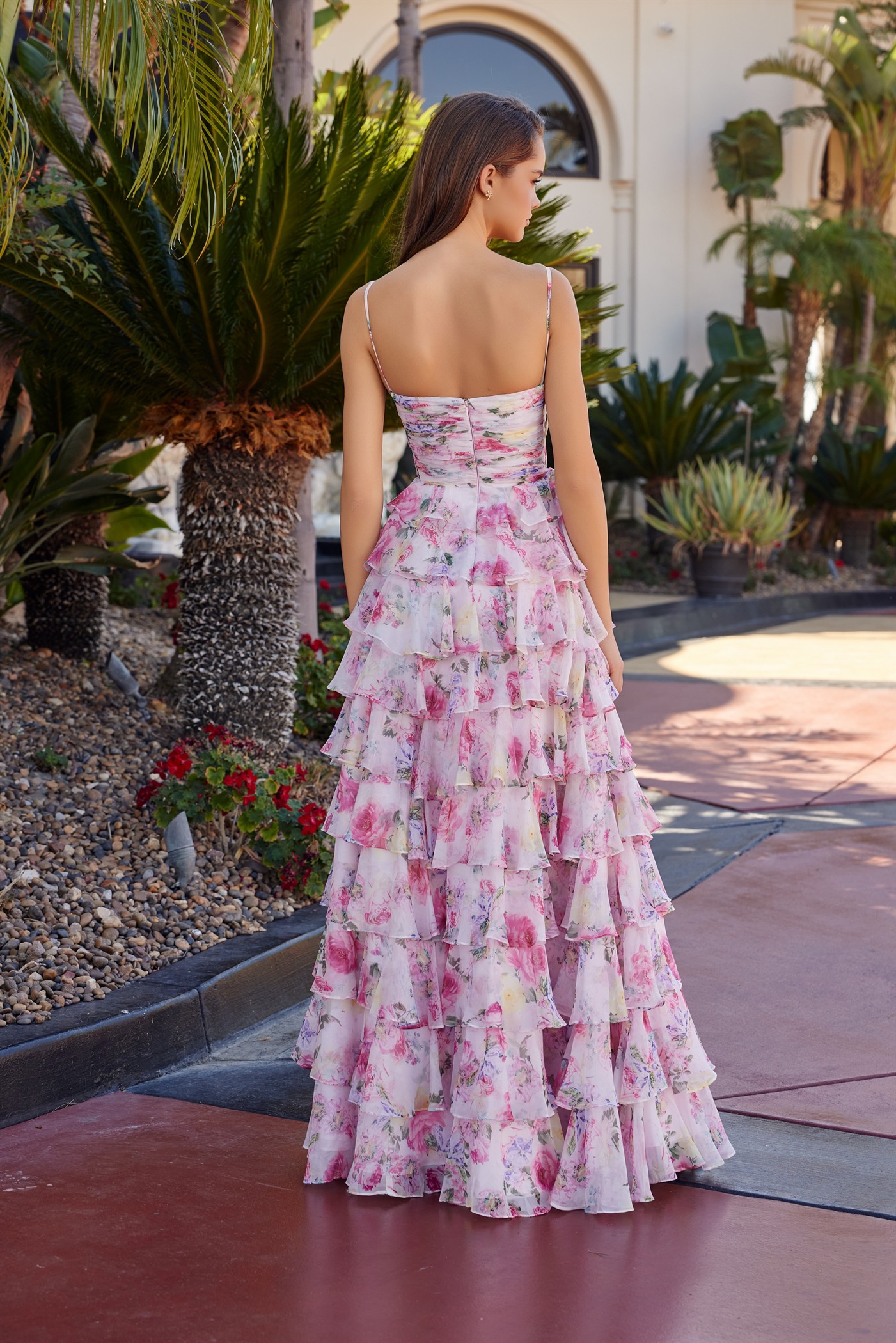 Floral Print a Line Gown Straight Across Pleated Bustline — Nox Anabel Q1777