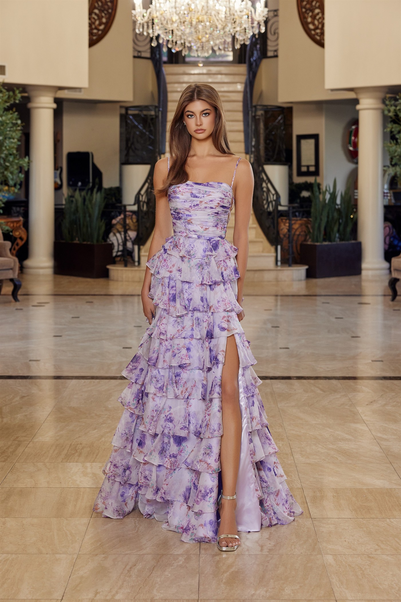 Floral Print a Line Gown Straight Across Pleated Bustline — Nox Anabel Q1777