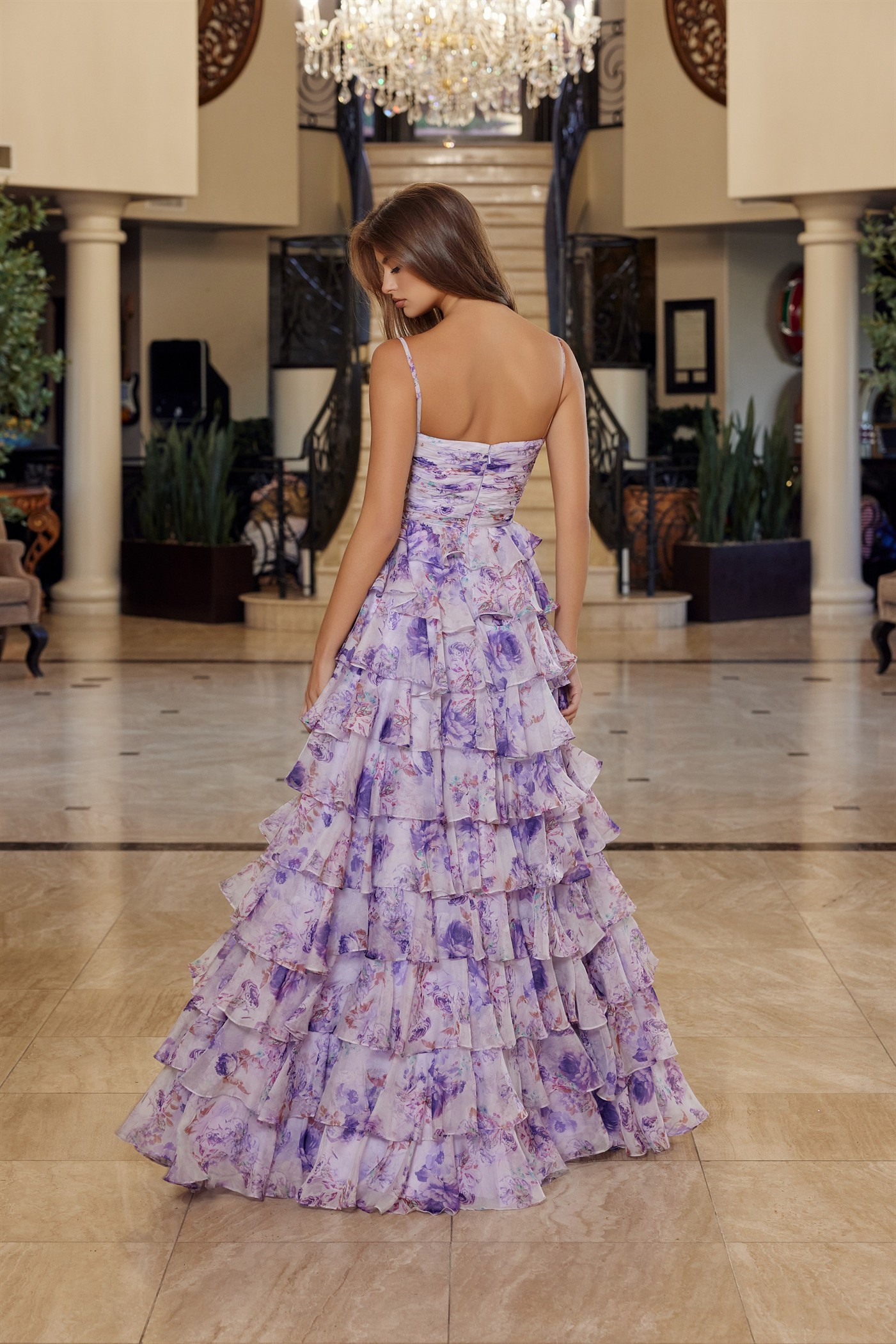 Floral Print a Line Gown Straight Across Pleated Bustline — Nox Anabel Q1777