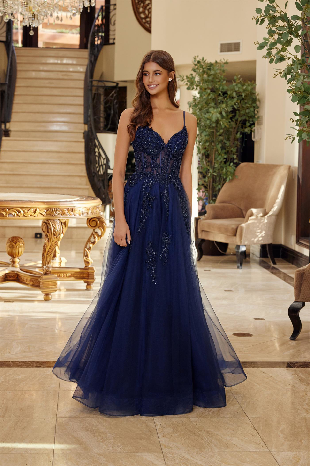 Fit and Flare Long Tulle Gown with a V Neckline Thin Straps — Nox Anabel Q1778