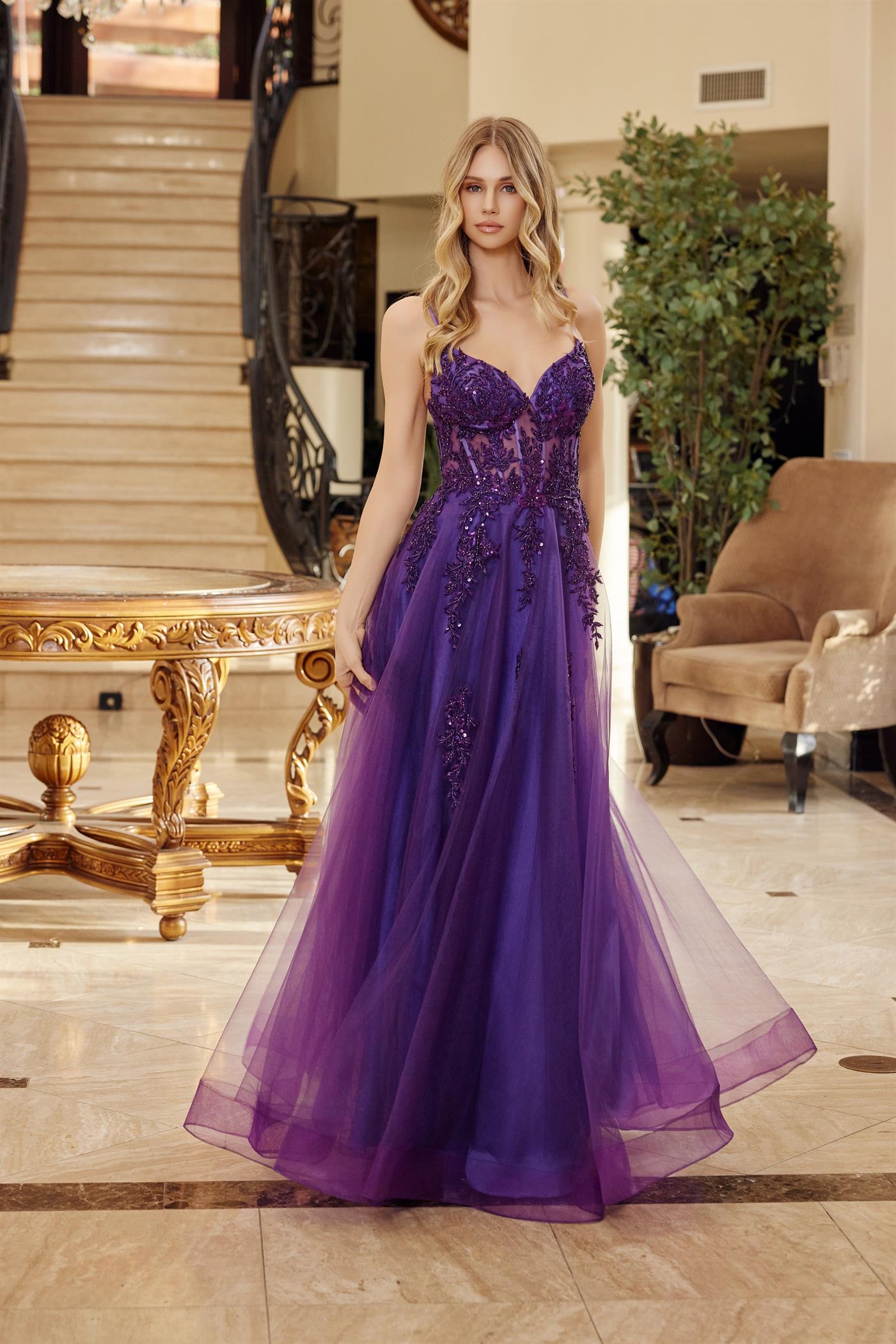 Fit and Flare Long Tulle Gown with a V Neckline Thin Straps — Nox Anabel Q1778