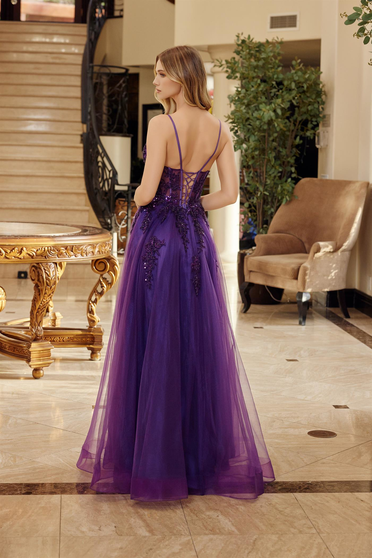 Fit and Flare Long Tulle Gown with a V Neckline Thin Straps — Nox Anabel Q1778