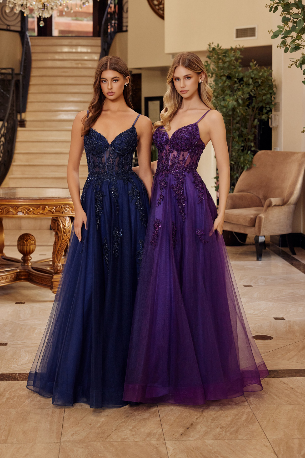 Fit and Flare Long Tulle Gown with a V Neckline Thin Straps — Nox Anabel Q1778