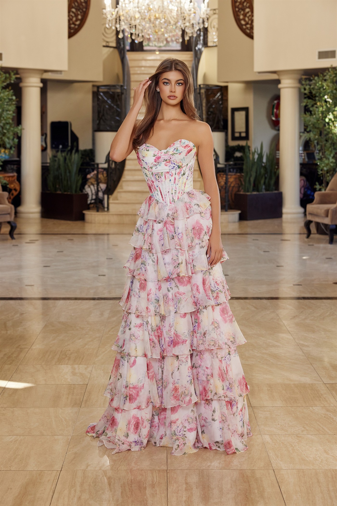 Floral Print Long a Line Gown Strapless Sweetheart Bustline — Nox Anabel Q1779