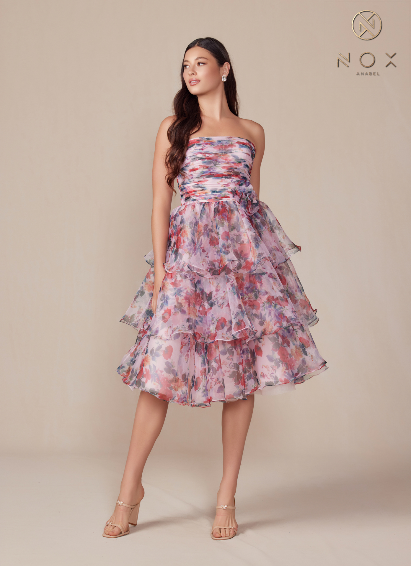 Strapless Tiered Floral Print Cocktail Dress — Nox Anabel Q842