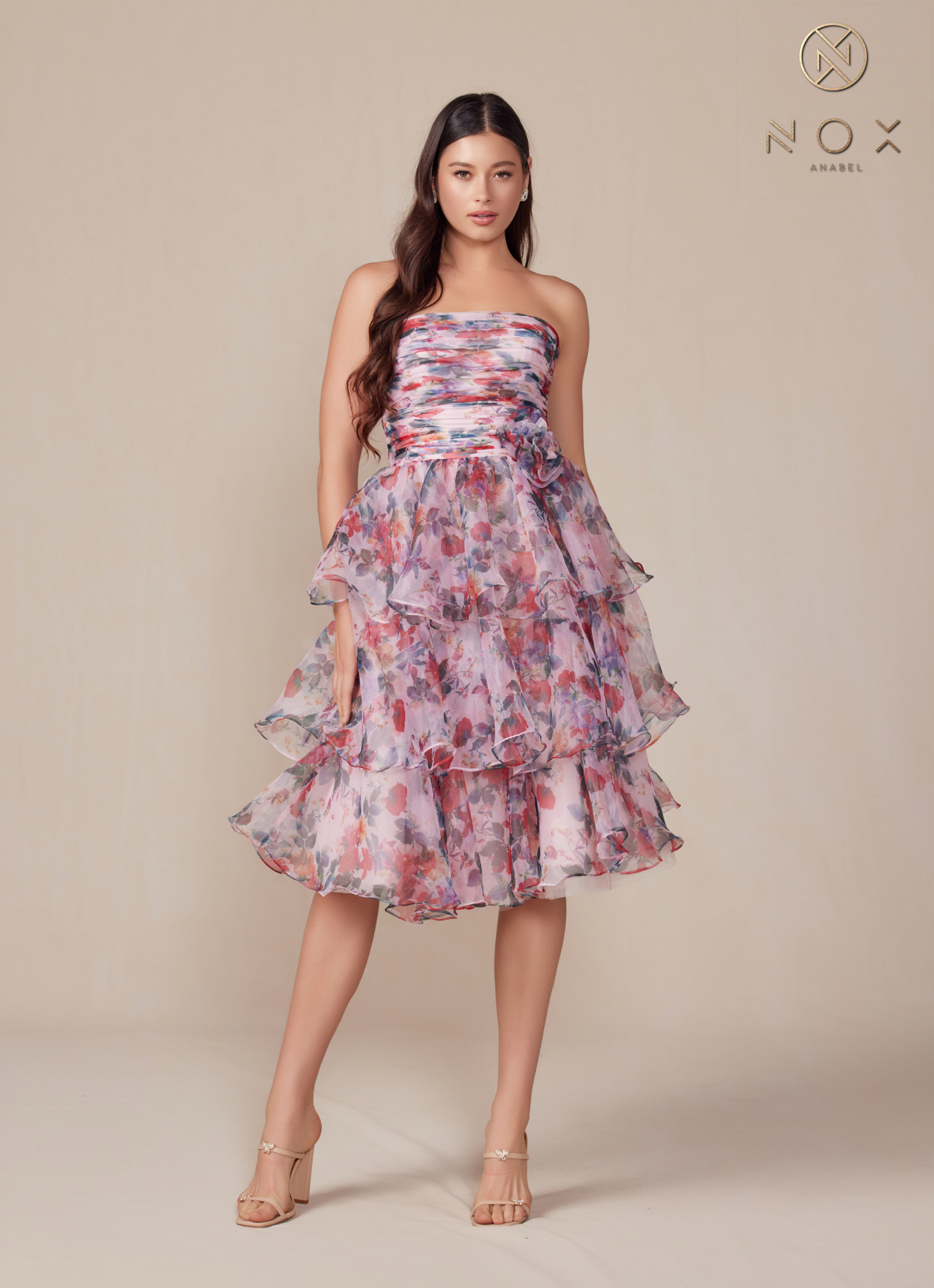 Strapless Tiered Floral Print Cocktail Dress — Nox Anabel Q842