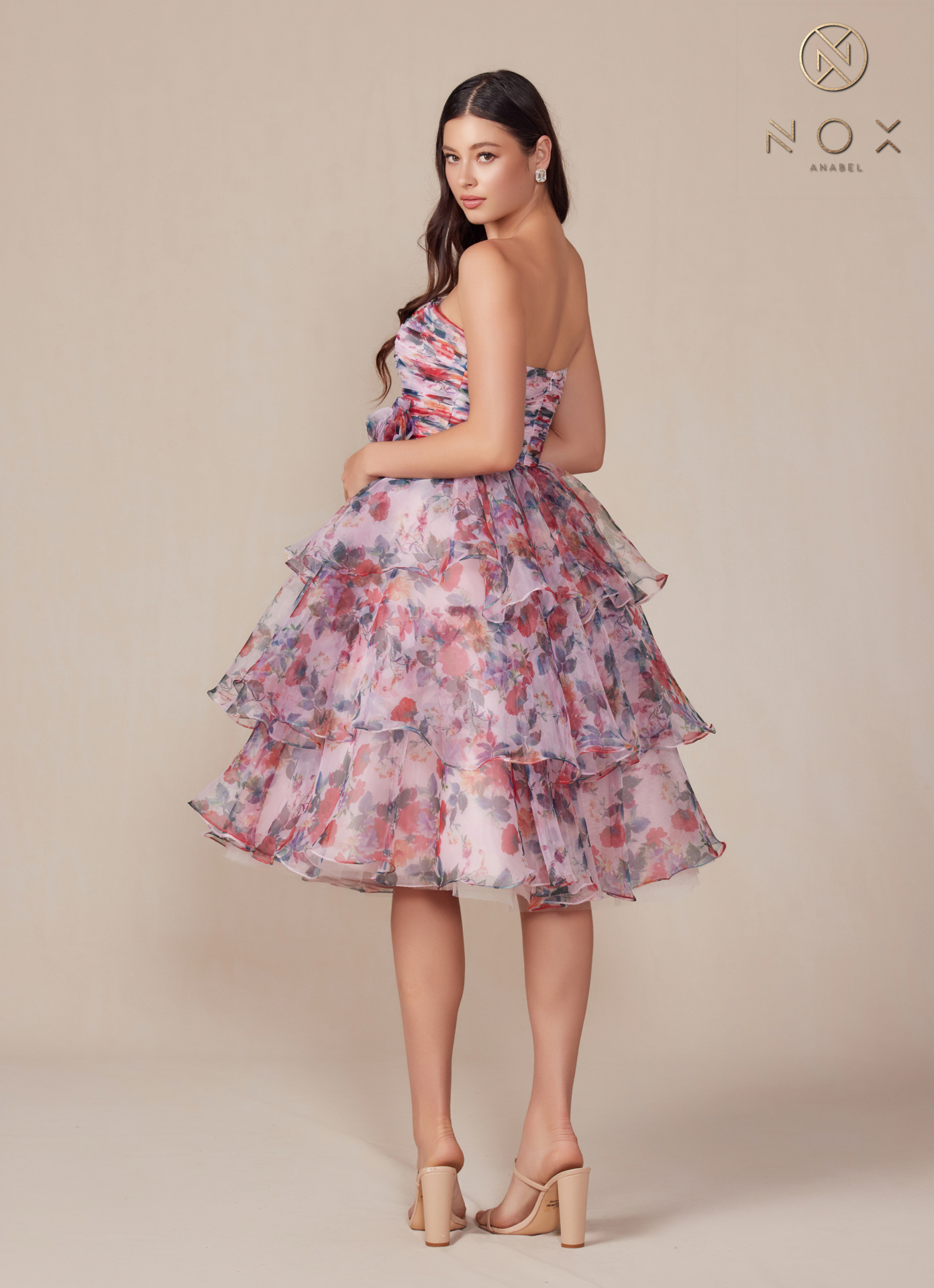 Strapless Tiered Floral Print Cocktail Dress — Nox Anabel Q842