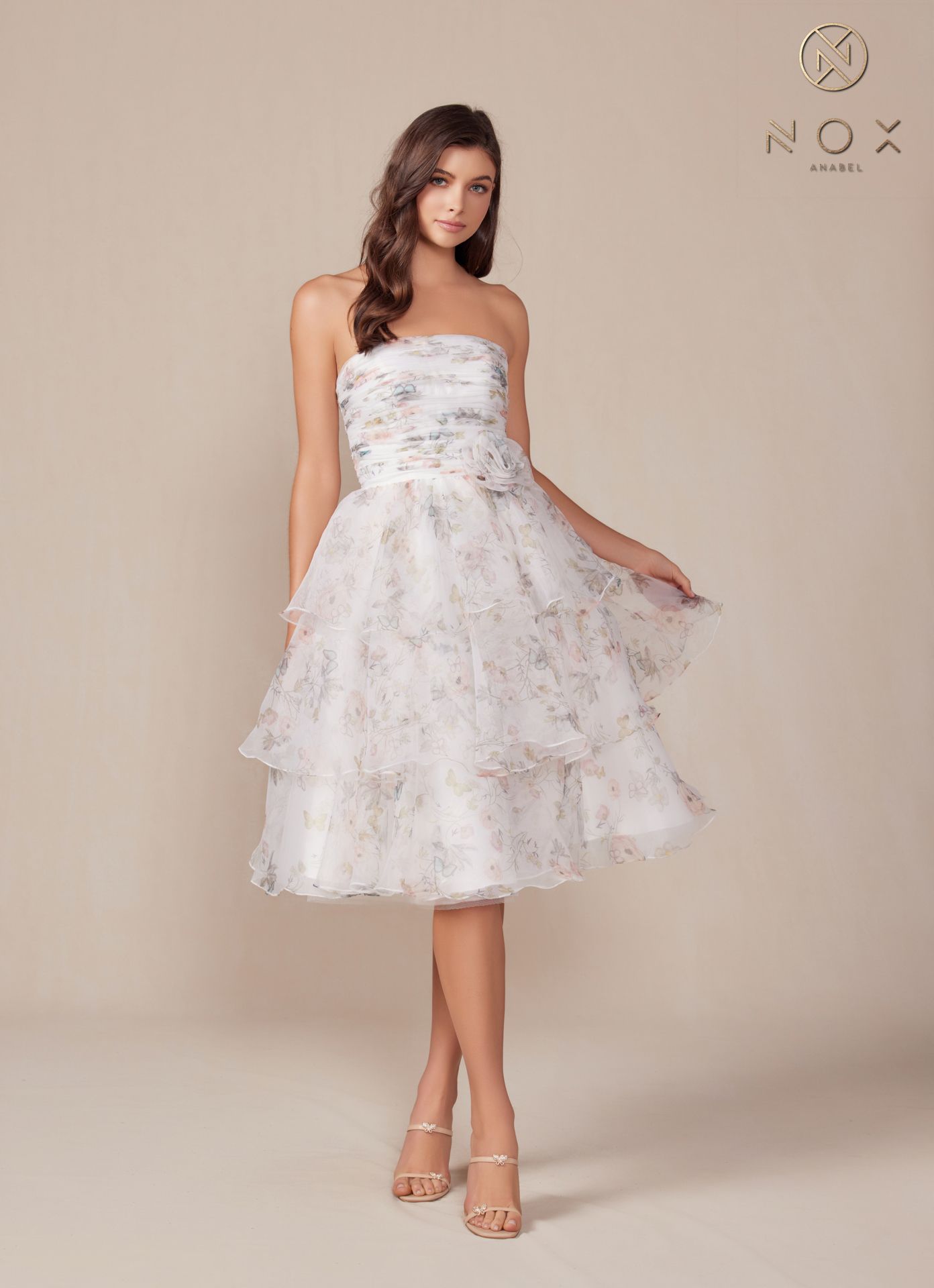 Strapless Tiered Floral Print Cocktail Dress — Nox Anabel Q842