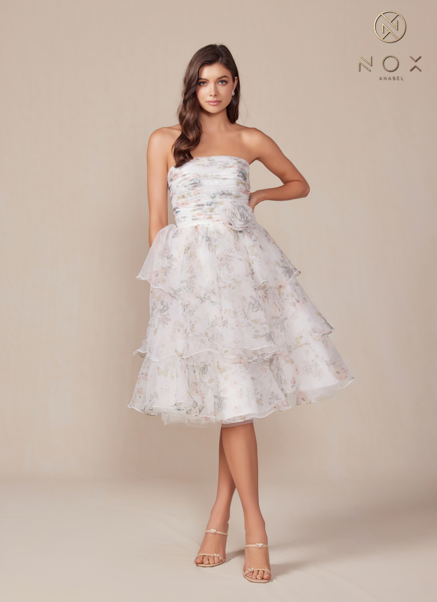 Strapless Tiered Floral Print Cocktail Dress — Nox Anabel Q842