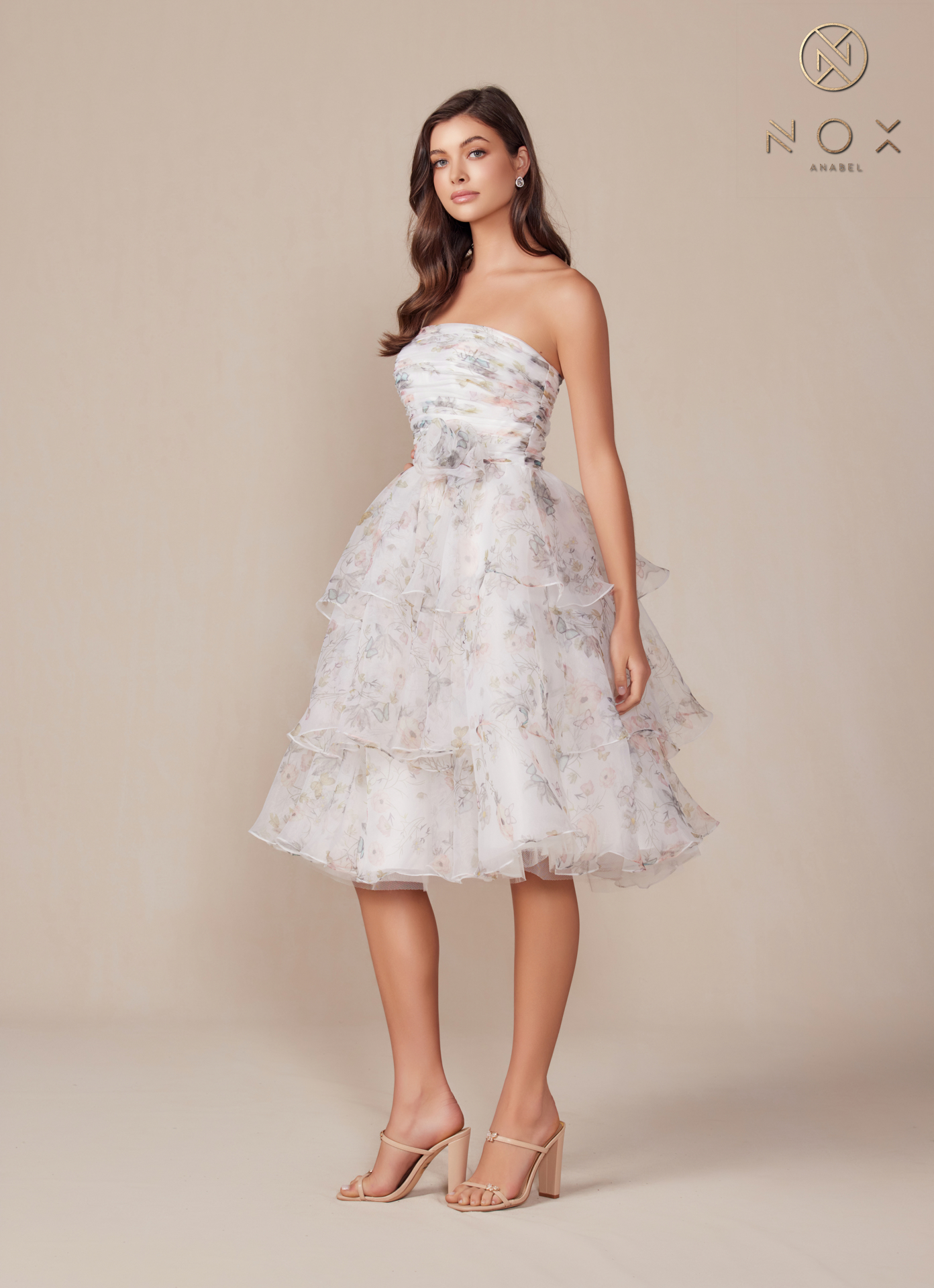 Strapless Tiered Floral Print Cocktail Dress — Nox Anabel Q842