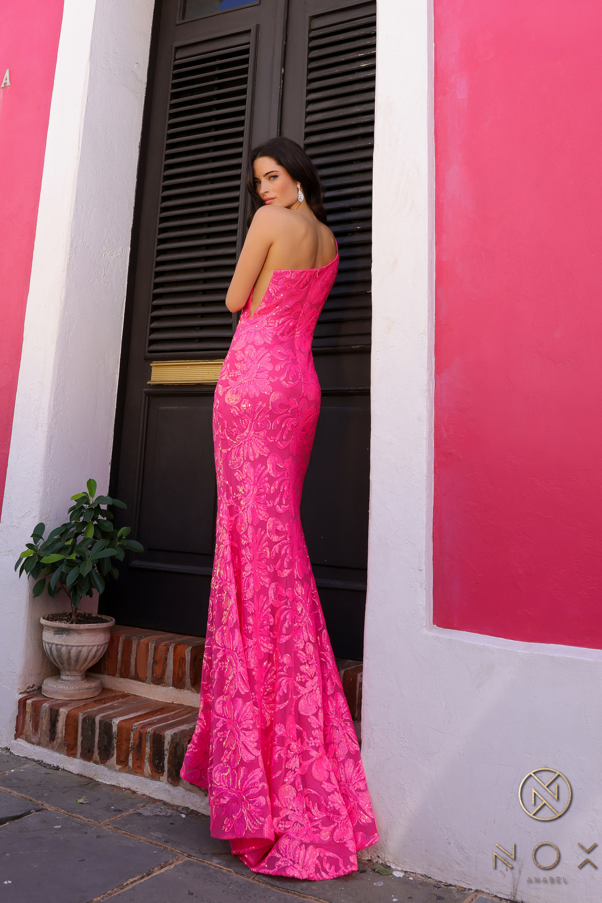 One Shoulder Sequin Gown with Illusion Side Cut-Out — Nox Anabel R1308