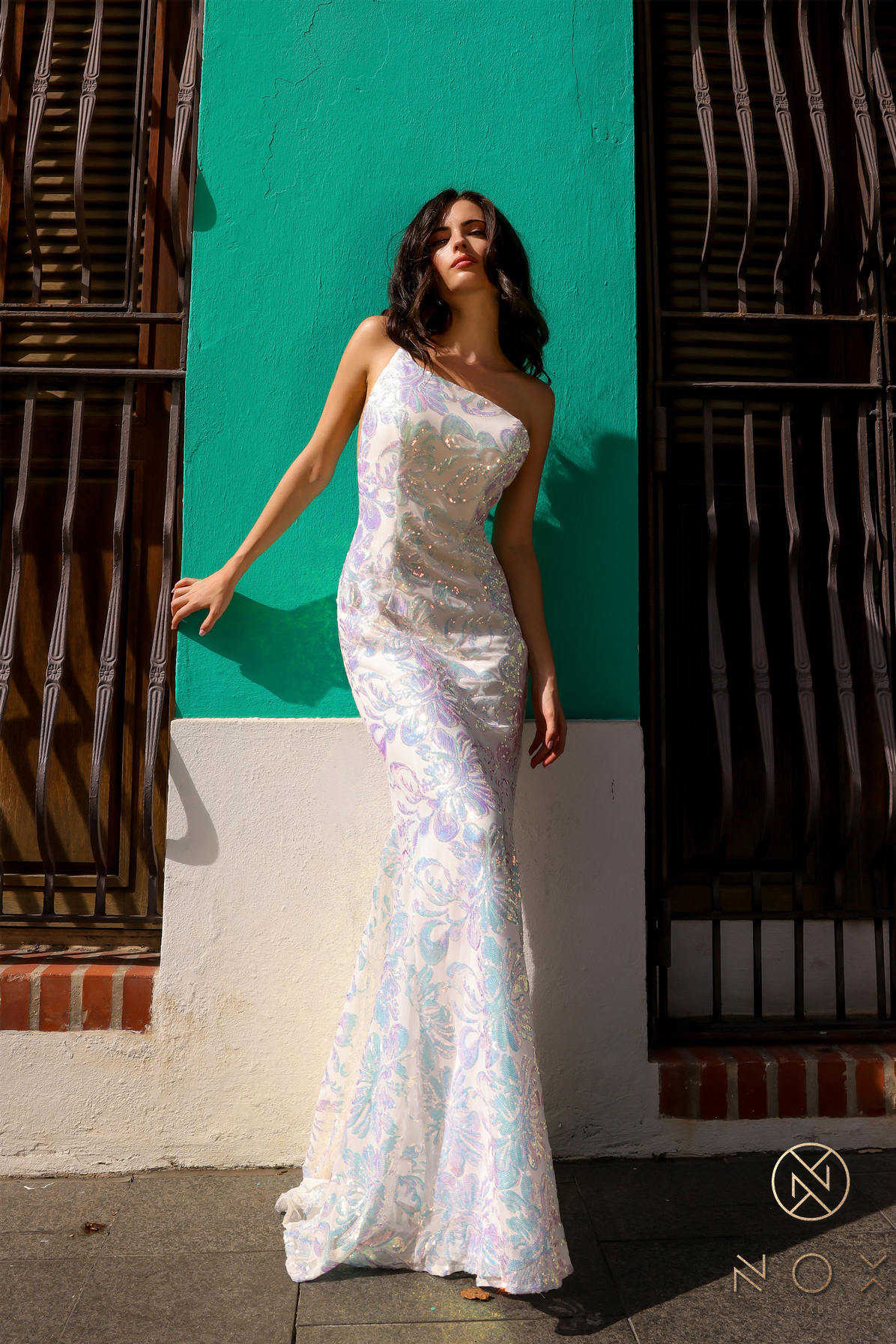 One Shoulder Sequin Gown with Illusion Side Cut-Out — Nox Anabel R1308